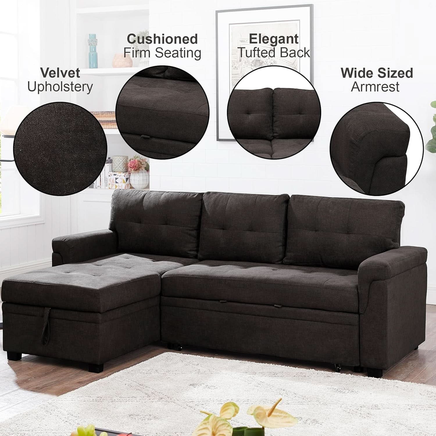 Espresso Velvet Sleeper Sectional Sofa Bed Chaise Set