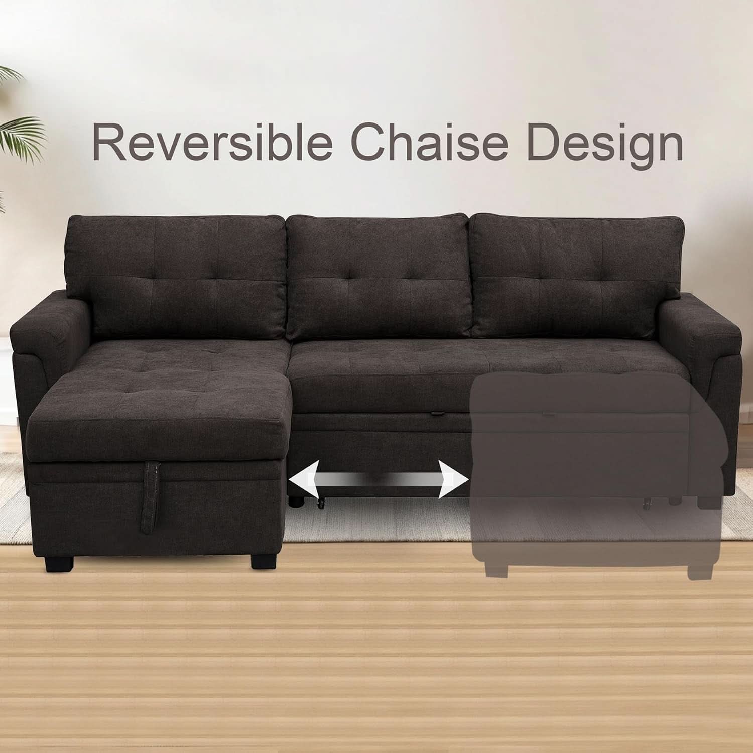Espresso Velvet Sleeper Sectional Sofa Bed Chaise Set