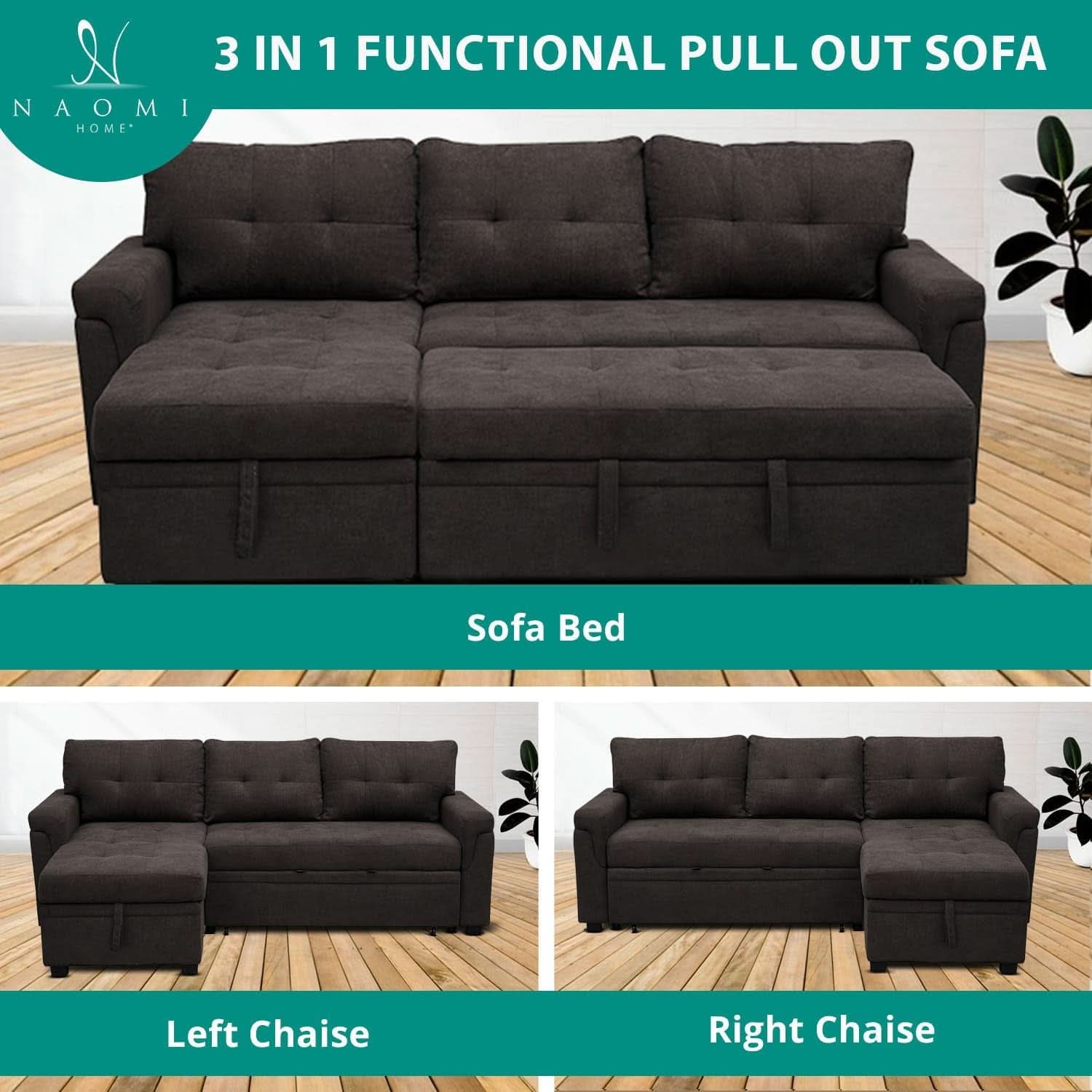 Espresso Velvet Sleeper Sectional Sofa Bed Chaise Set