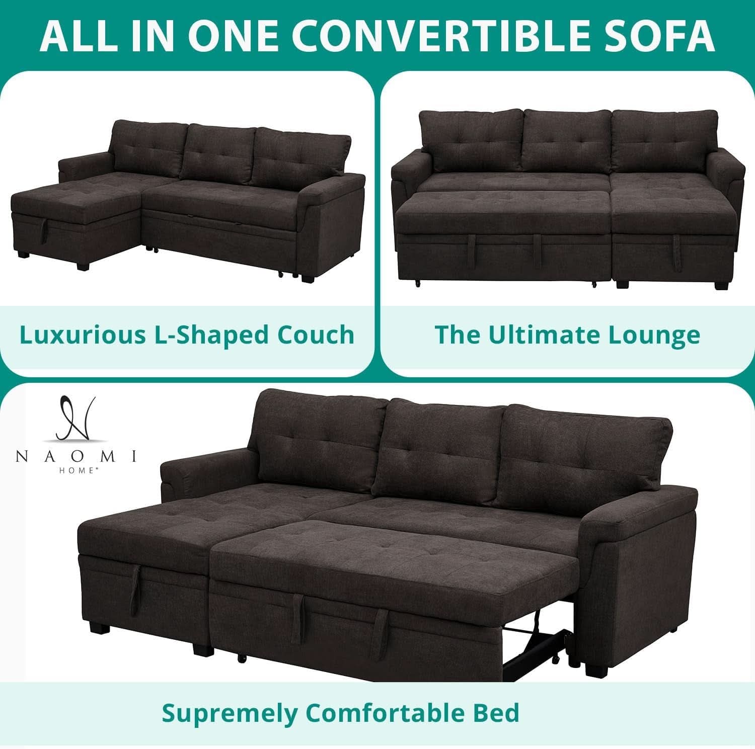 Espresso Velvet Sleeper Sectional Sofa Bed Chaise Set