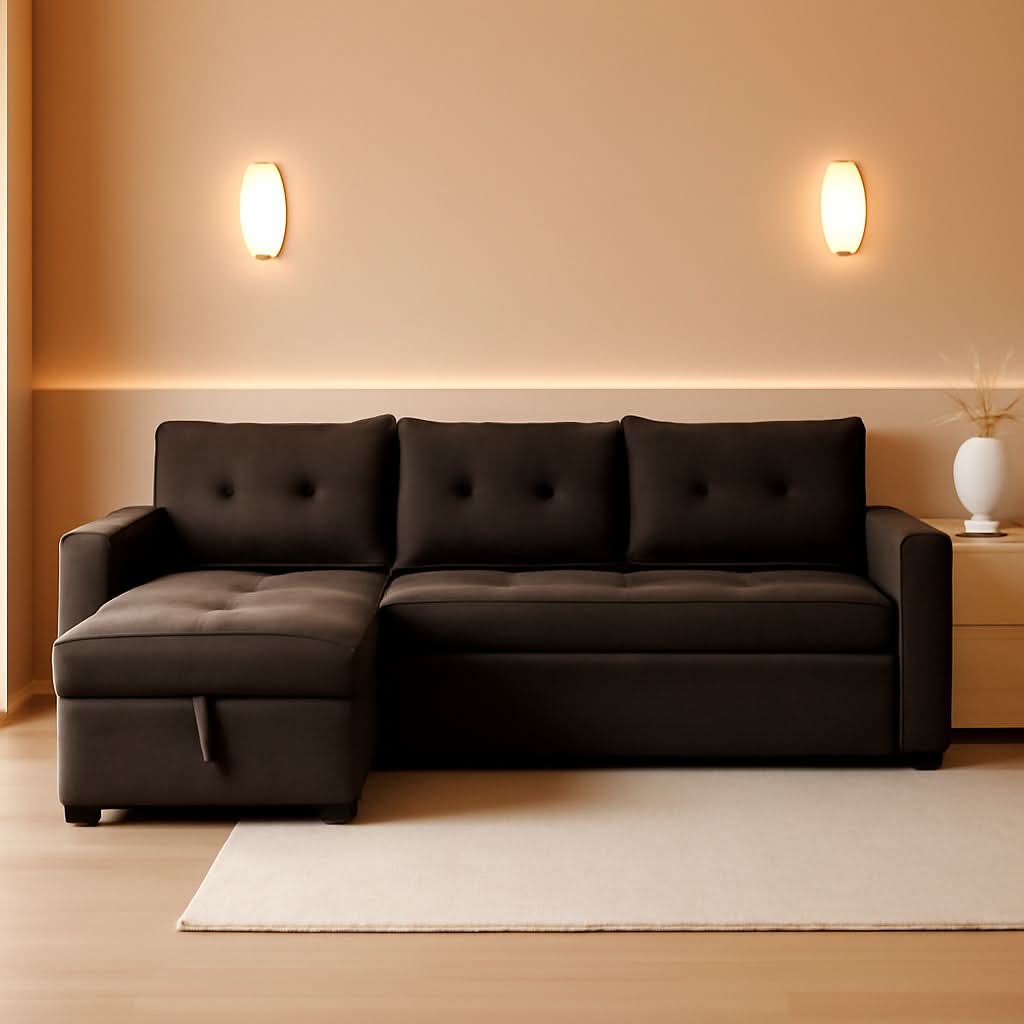 Espresso Velvet Sleeper Sectional Sofa Bed Chaise Set