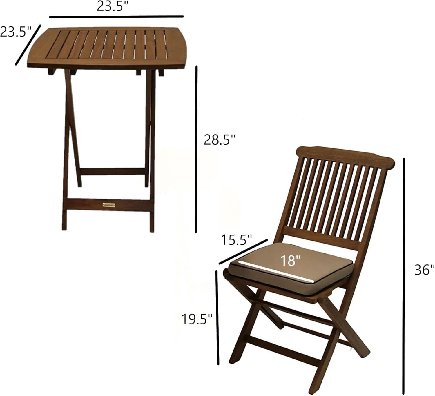 Eucalyptus Wood 3 Piece Foldable Bistro Set Beige Cushions
