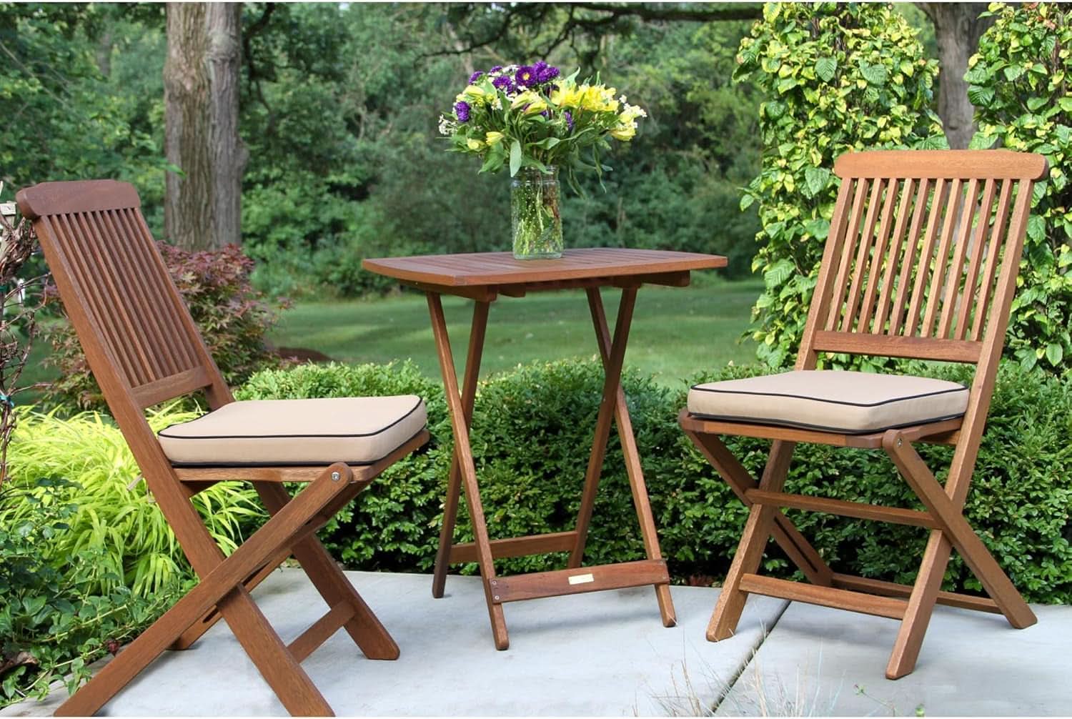 Eucalyptus Wood 3 Piece Foldable Bistro Set Beige Cushions
