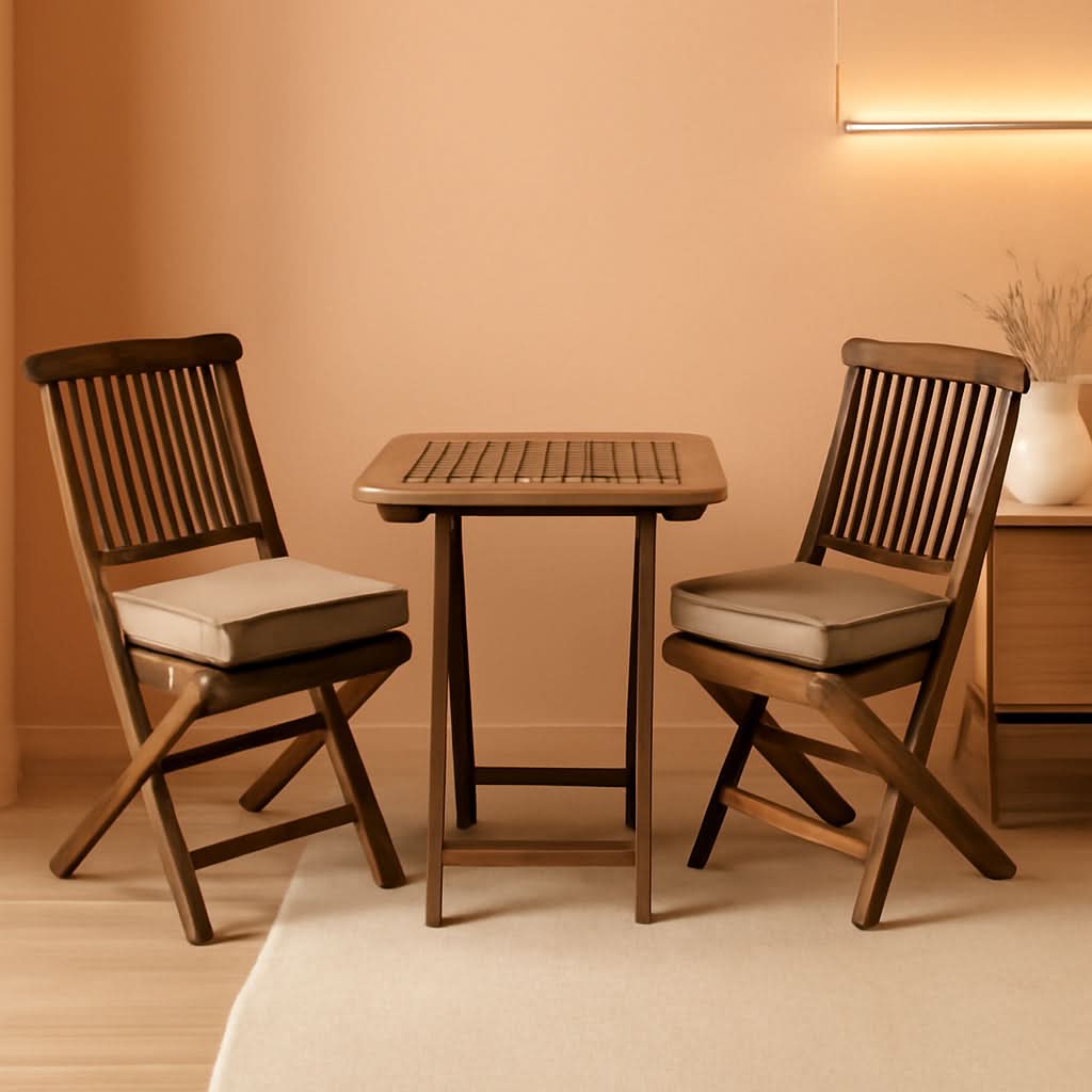 Eucalyptus Wood 3 Piece Foldable Bistro Set Beige Cushions