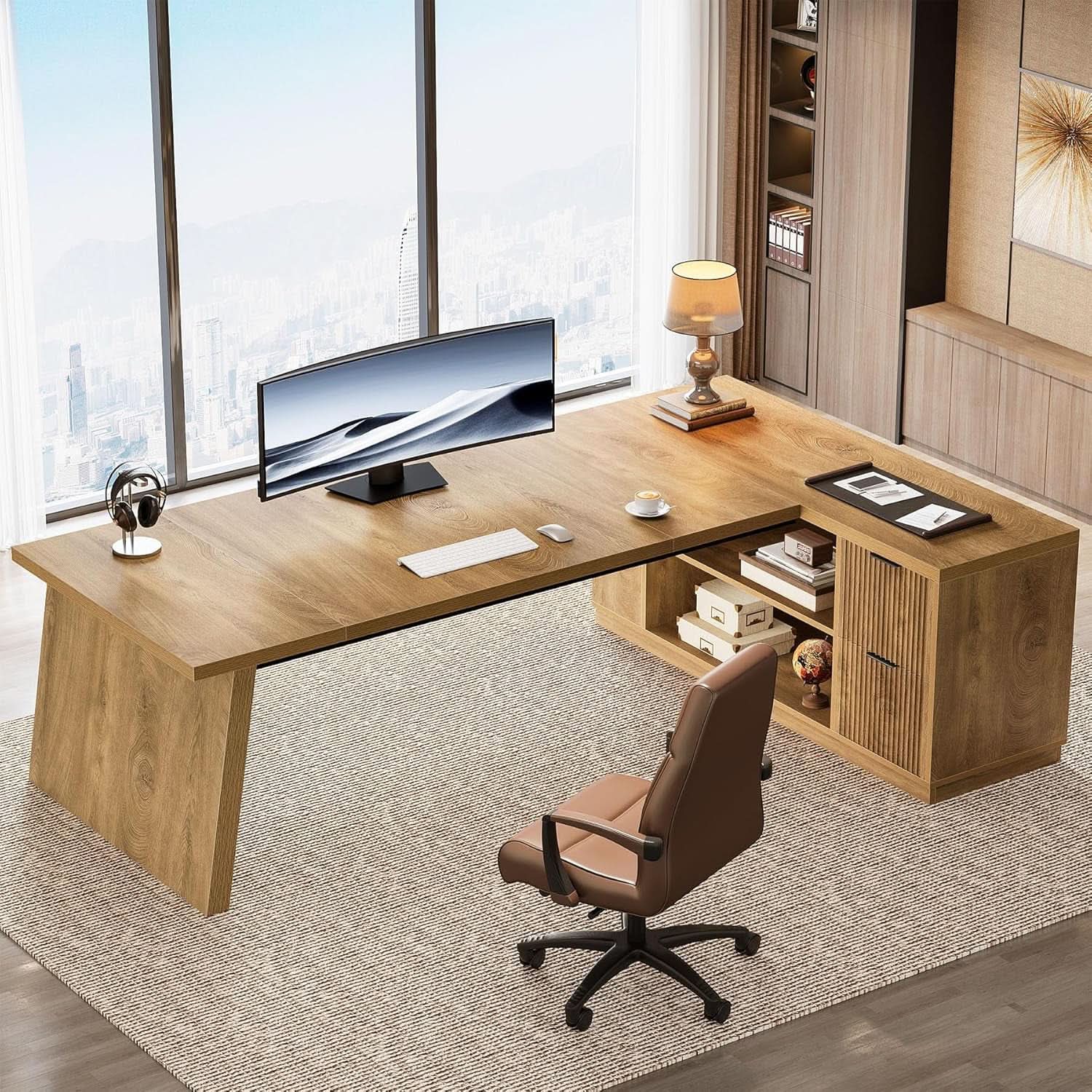 Executive Corner Desk 78 Inch Drawers Brown Shelves