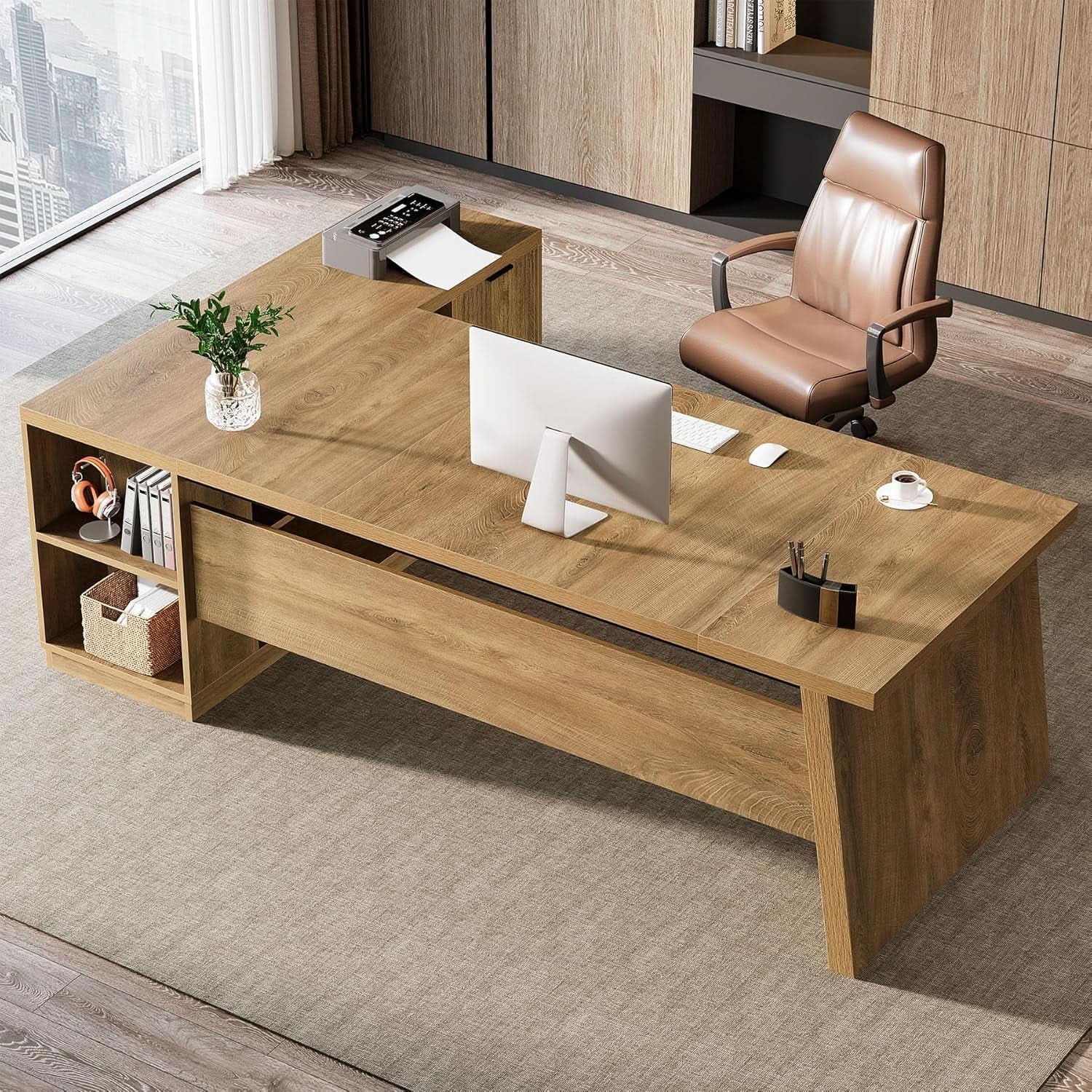 Executive Corner Desk 78 Inch Drawers Brown Shelves