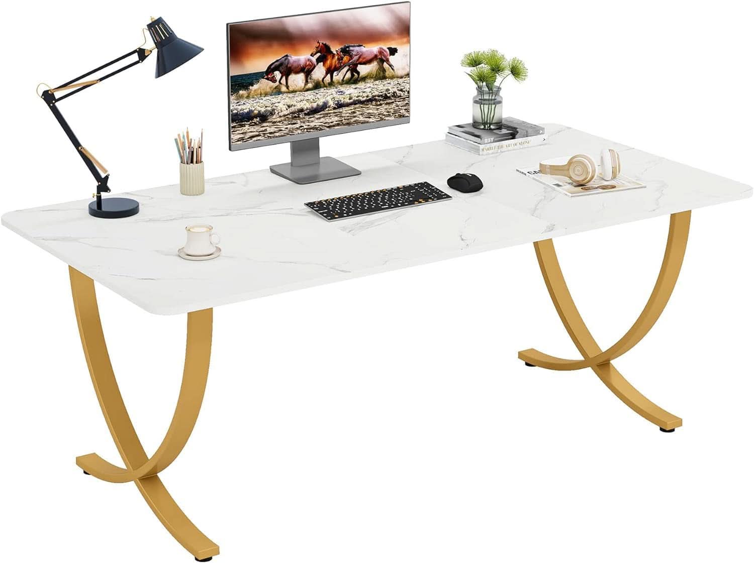 Executive Desk 63W X 31.5D White And Gold Computer Desk