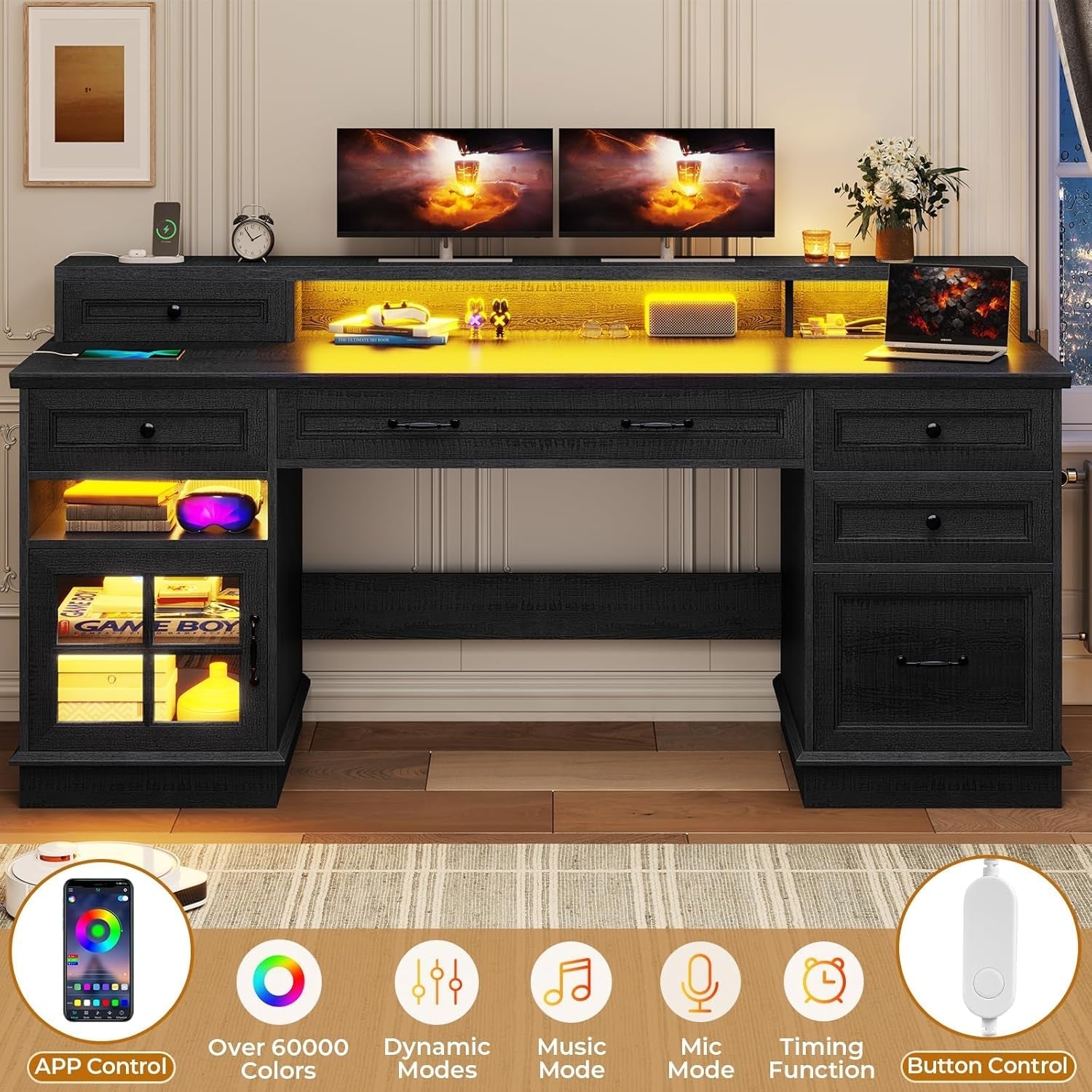 Executive Desk with Charging Station and LED Lights