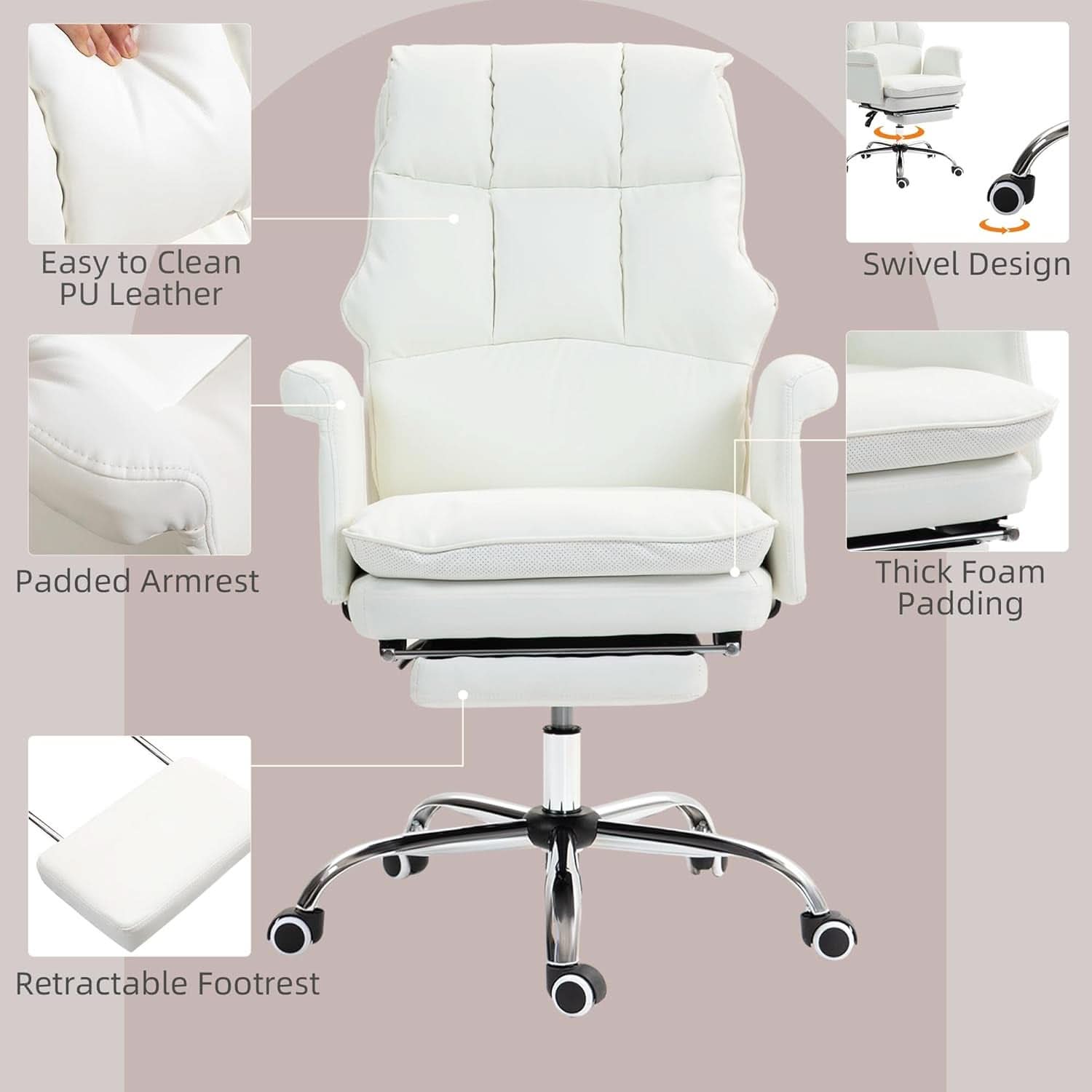 Executive Office Chair White With Footrest Ergonomic Design