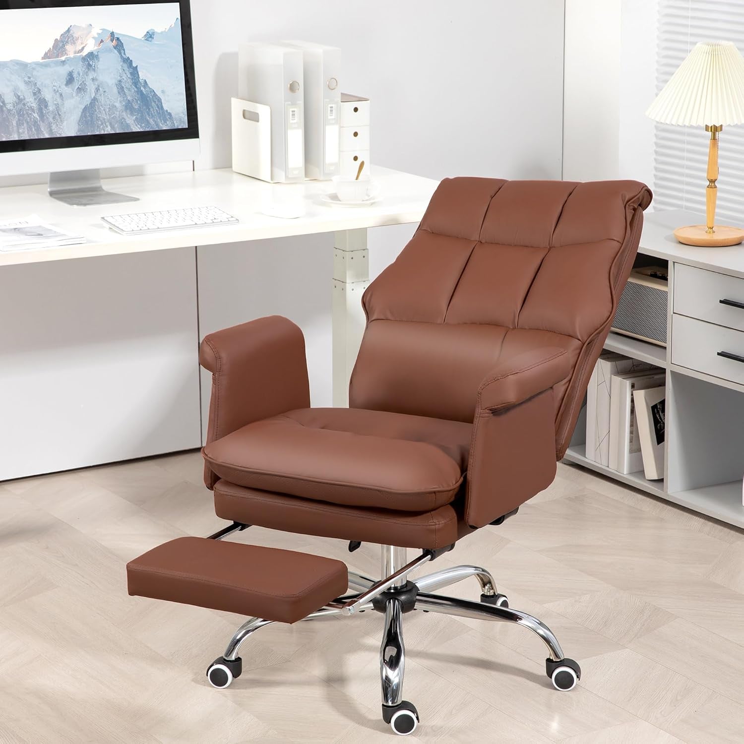 Executive PU Leather Office Chair Brown With Footrest