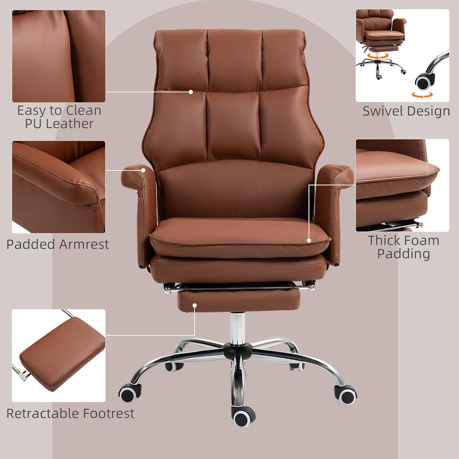 Executive PU Leather Office Chair Brown With Footrest
