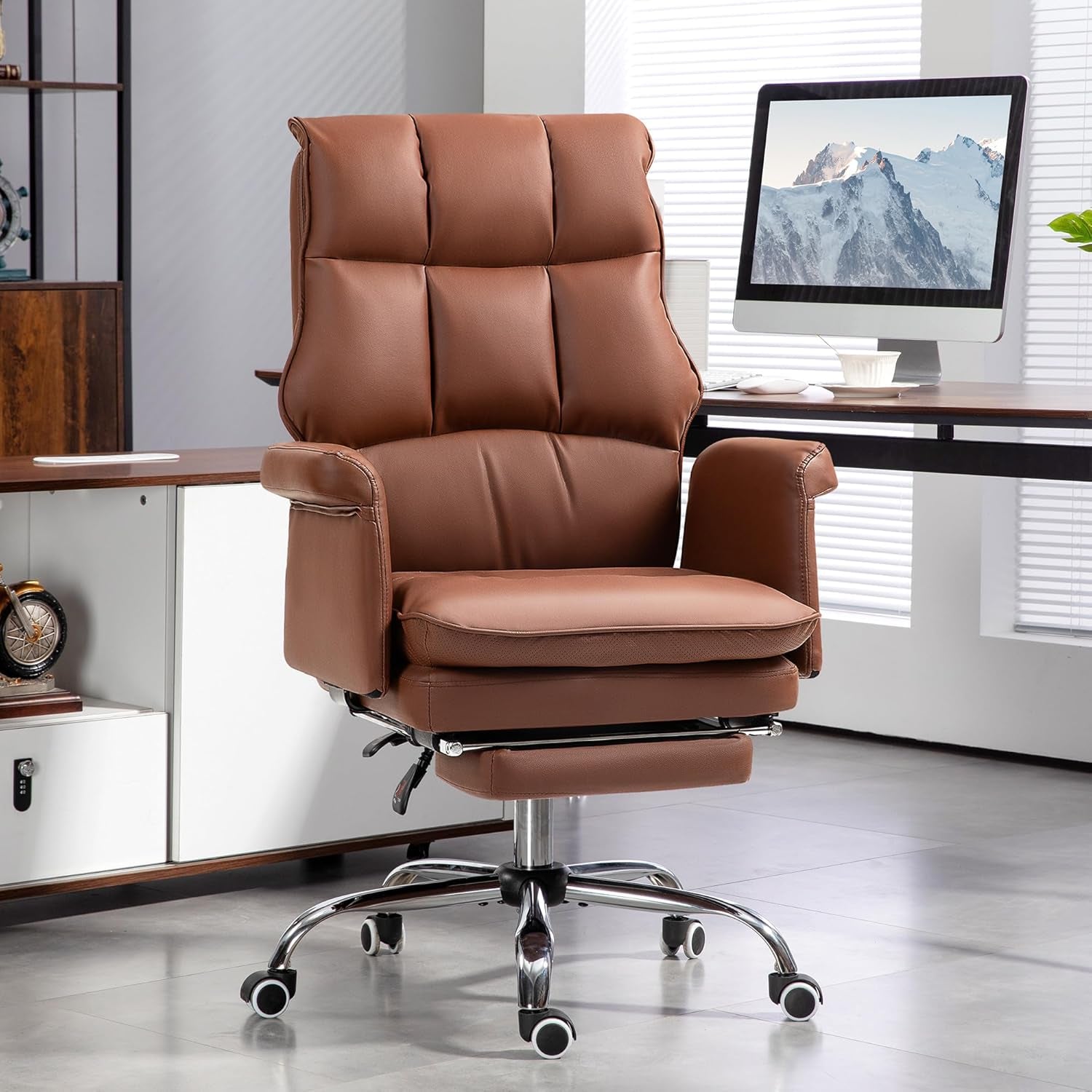 Executive PU Leather Office Chair Brown With Footrest