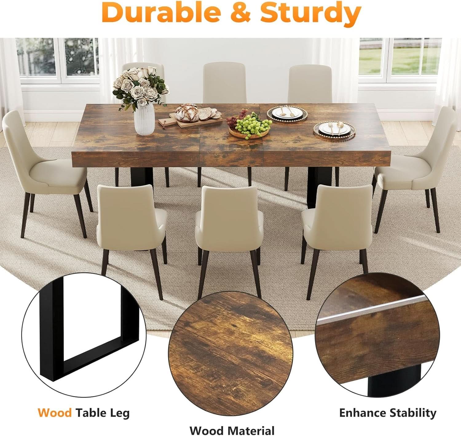 Expandable Rustic Brown Rectangular Dining Table 63in