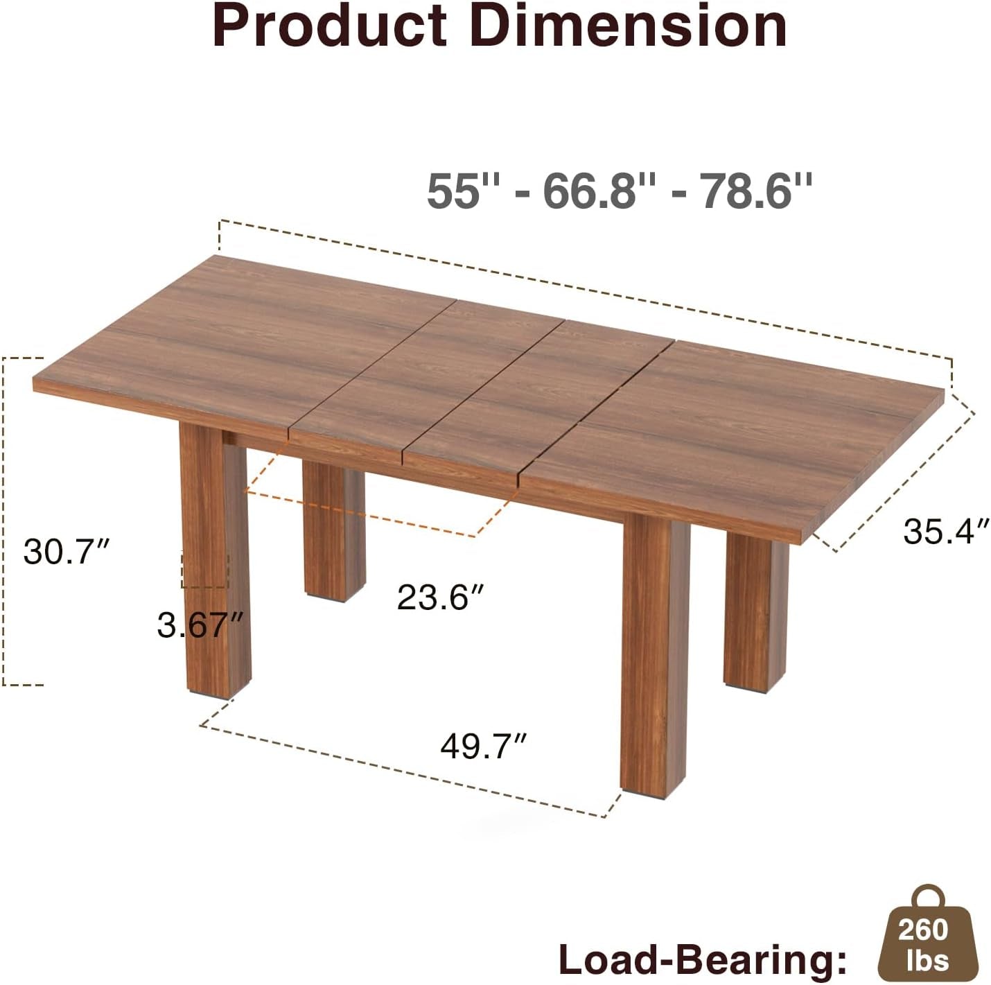 Extendable Dining Table 55 Inch To 78 Inch Brown Farmhouse