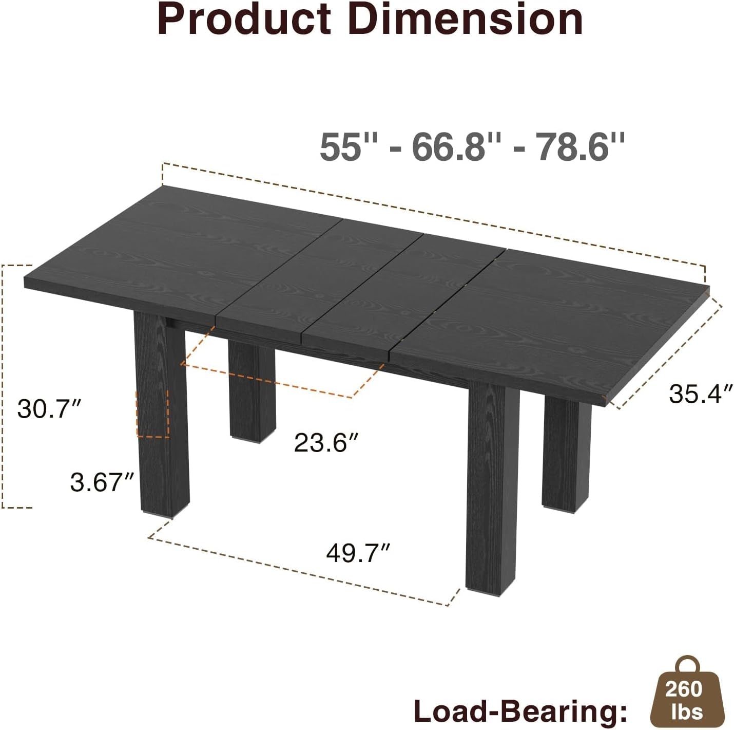 Extendable Dining Table 6 To 10 Seater 55 To 78 In Black