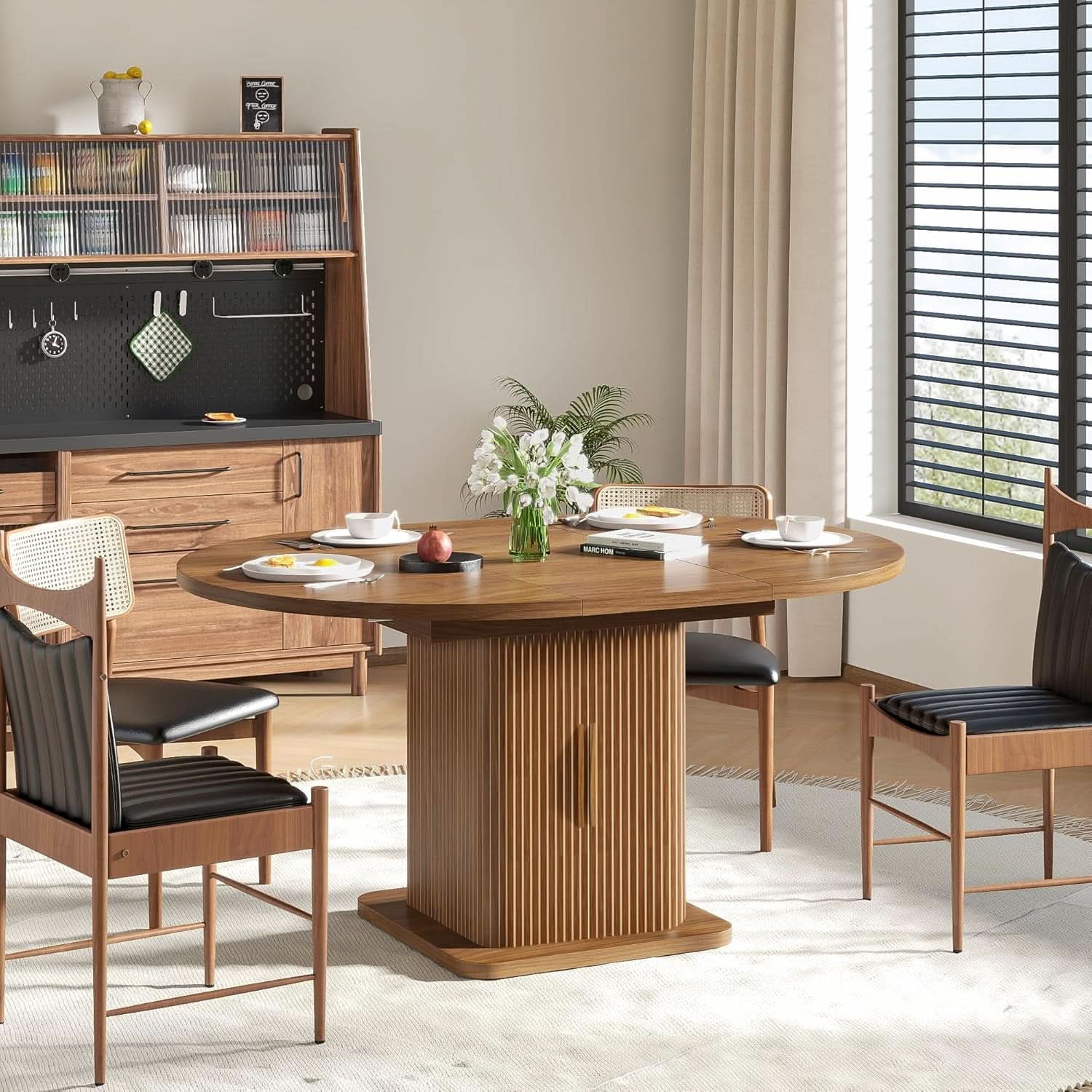 Extendable Round Dining Table 59 Inch Walnut Modern