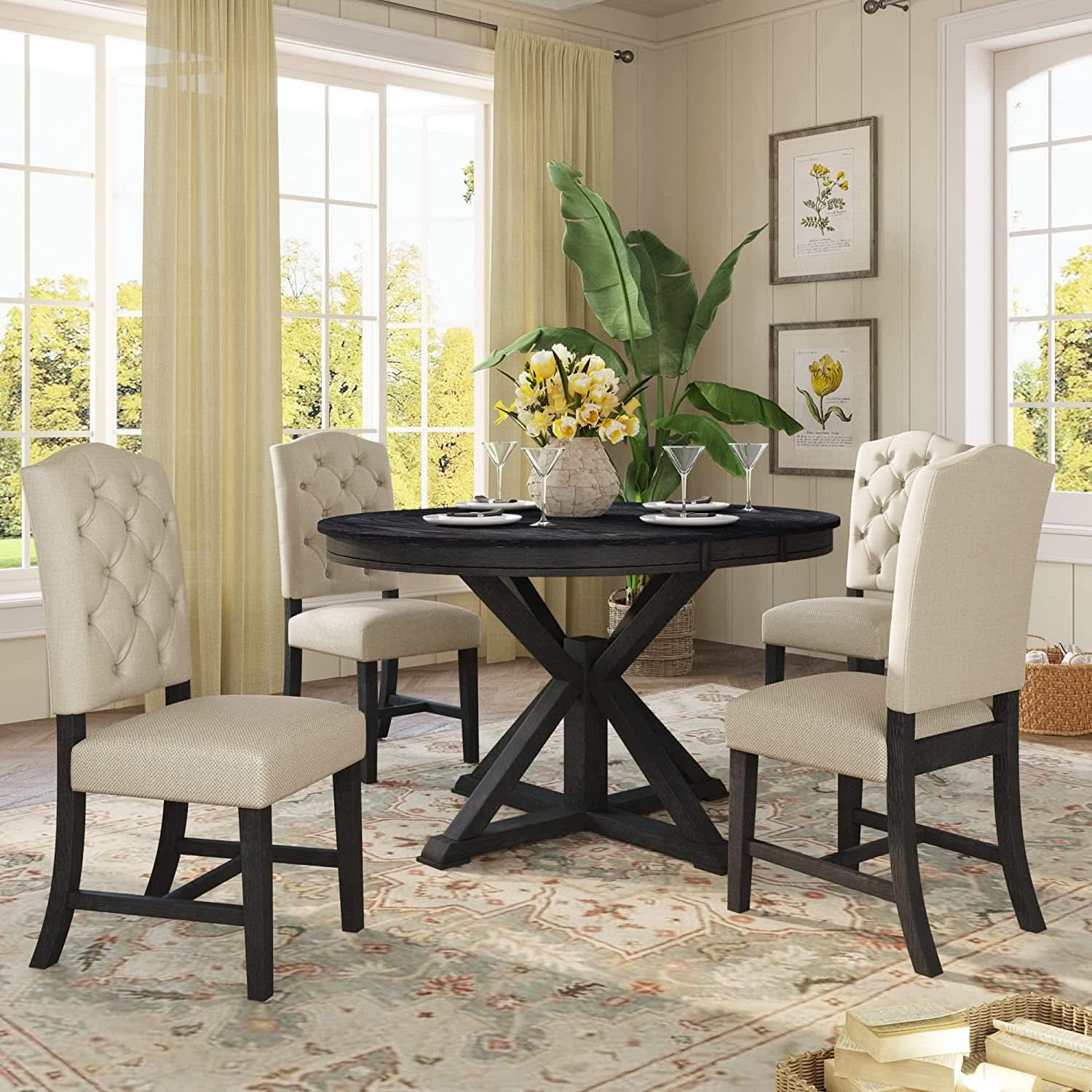 Extendable Round Dining Table Set 5 Piece Modern Farmhouse Style