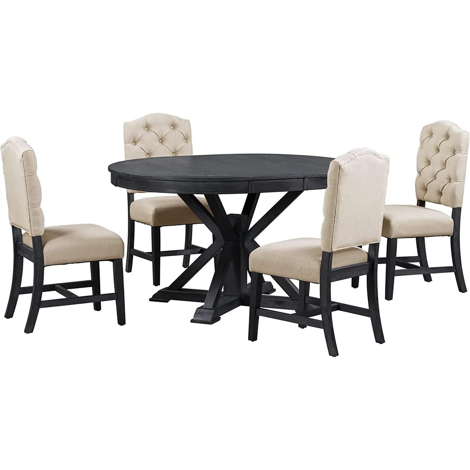 Extendable Round Dining Table Set 5 Piece Modern Farmhouse Style