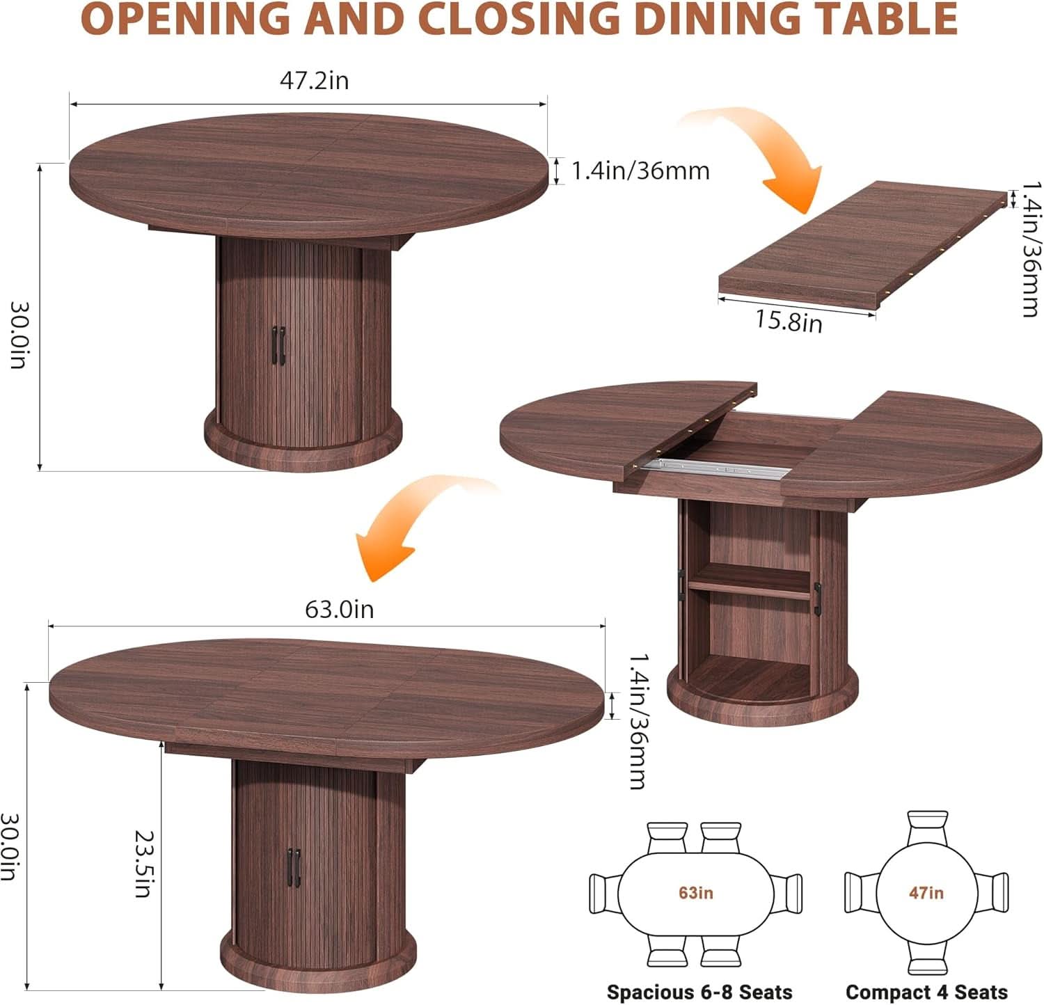 Extendable Round Oval Dining Table Brown 47-63 Inch