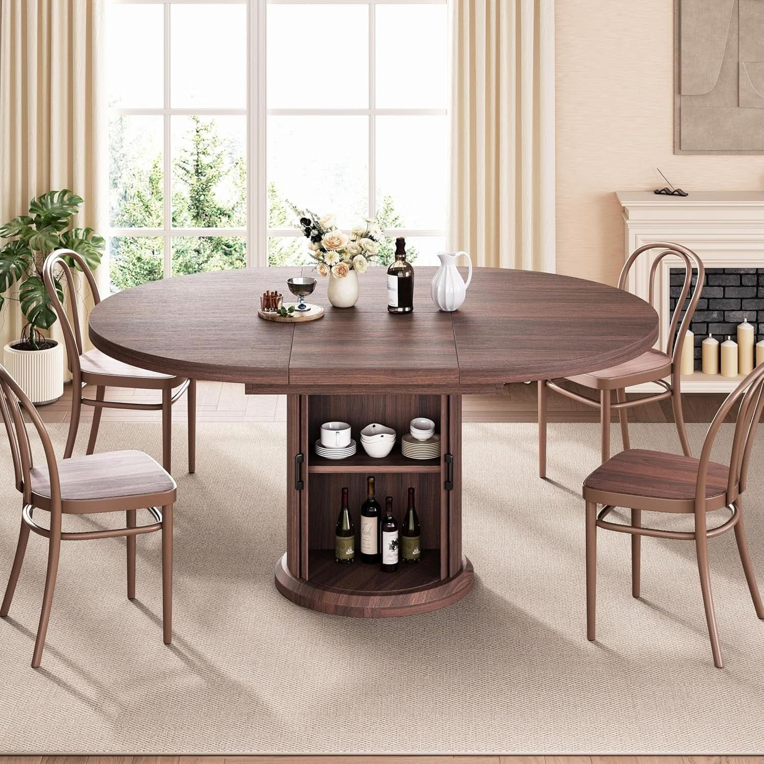 Extendable Round Oval Dining Table Brown 47-63 Inch