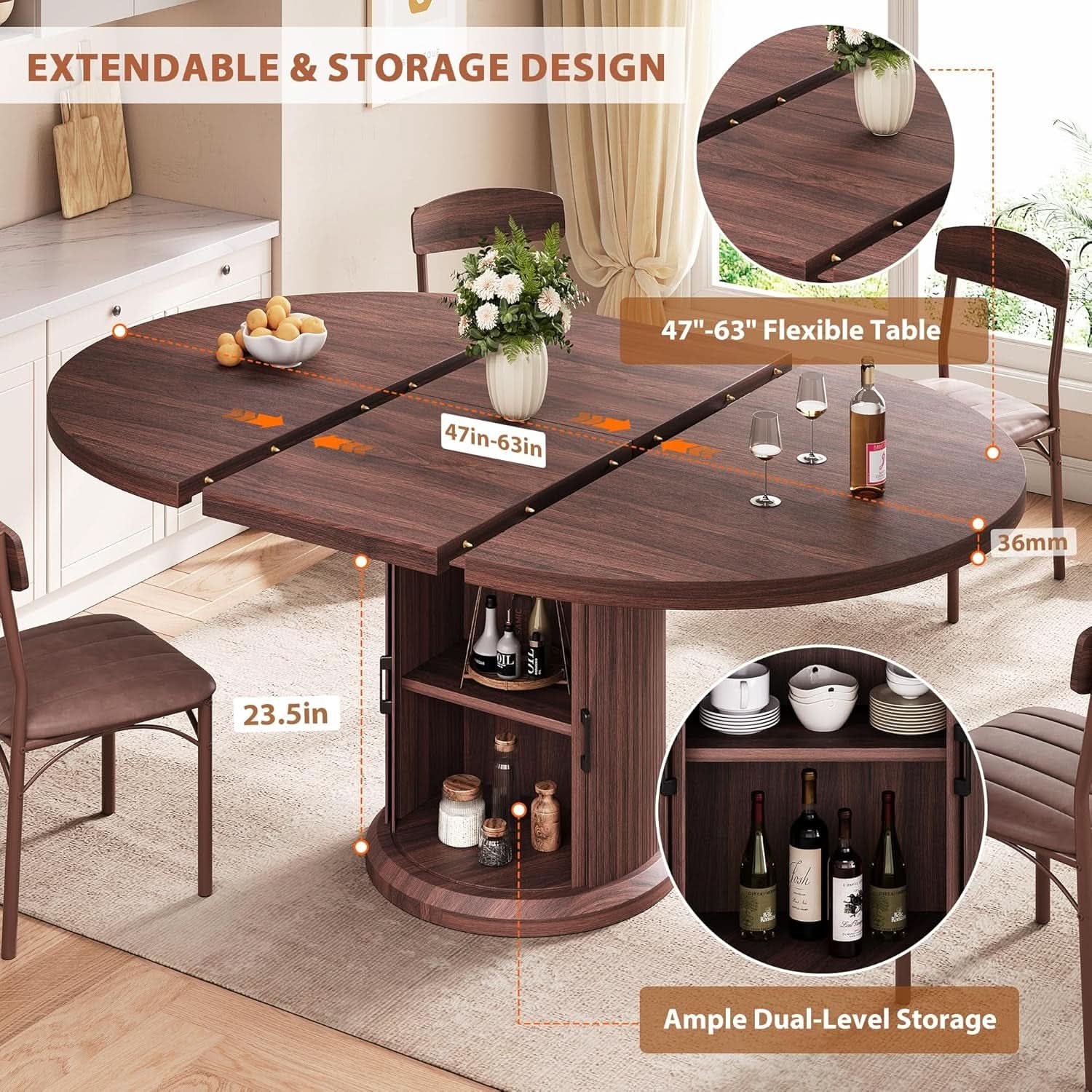 Extendable Round Oval Dining Table Brown 47-63 Inch