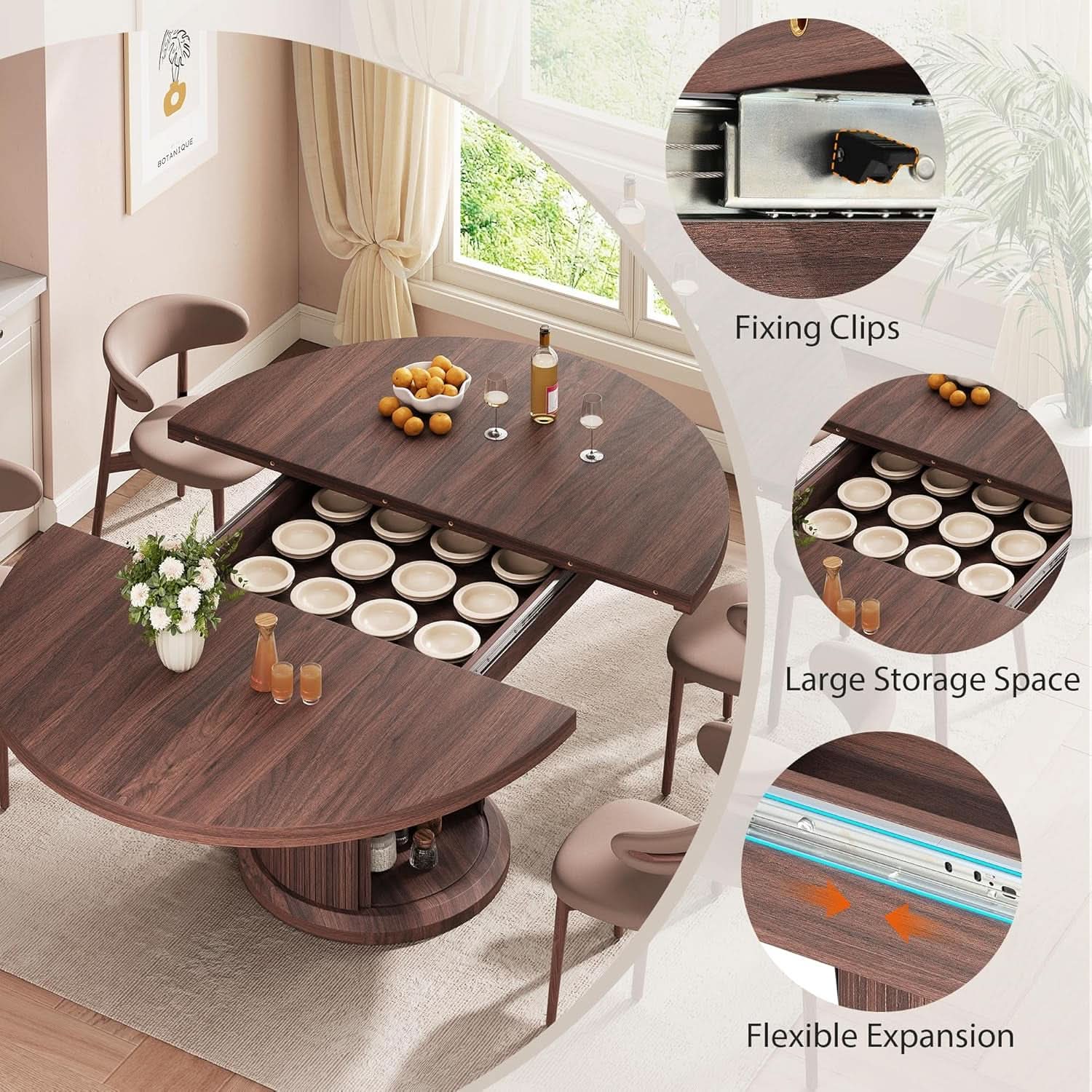 Extendable Round Oval Dining Table Brown 47-63 Inch