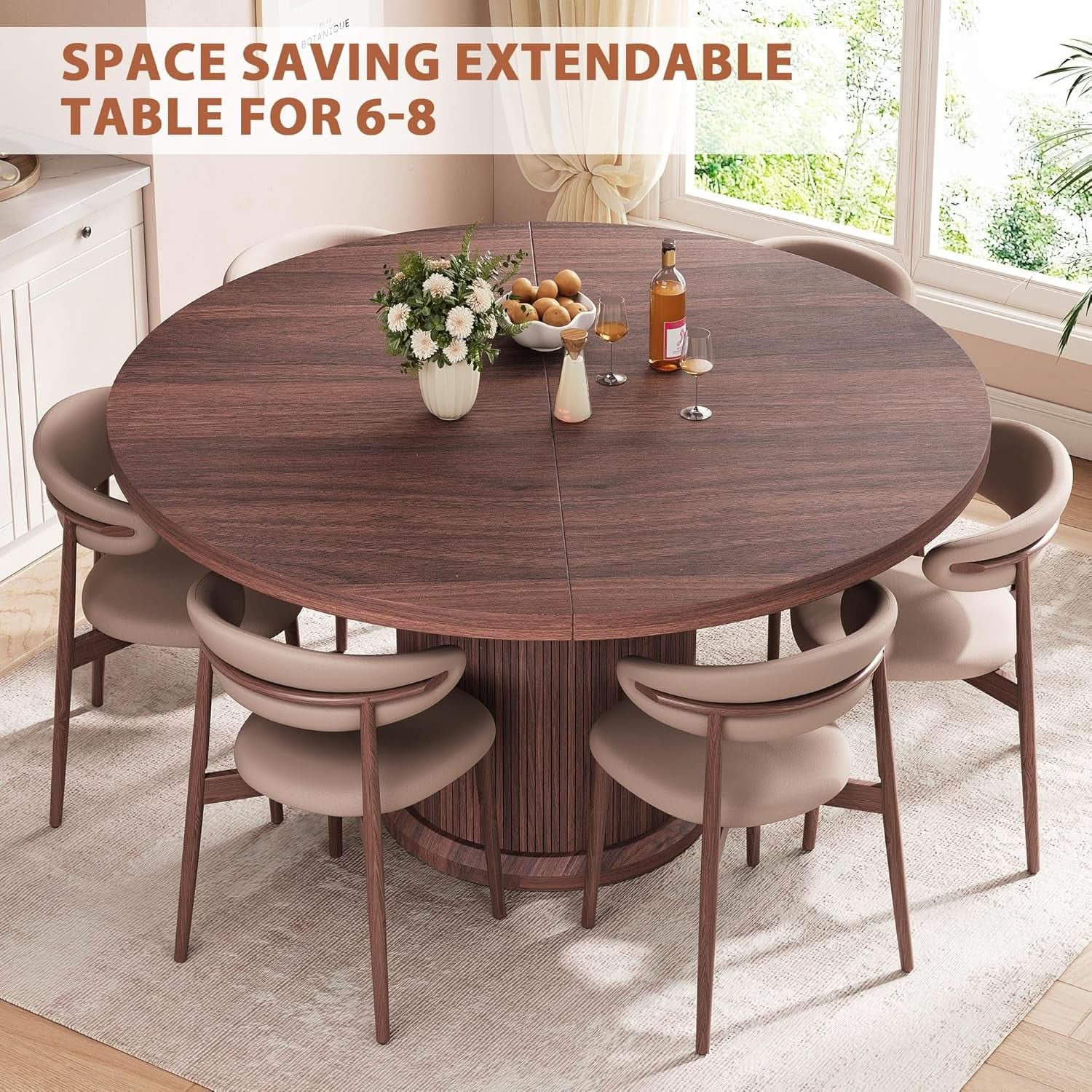Extendable Round Oval Dining Table Brown 47-63 Inch