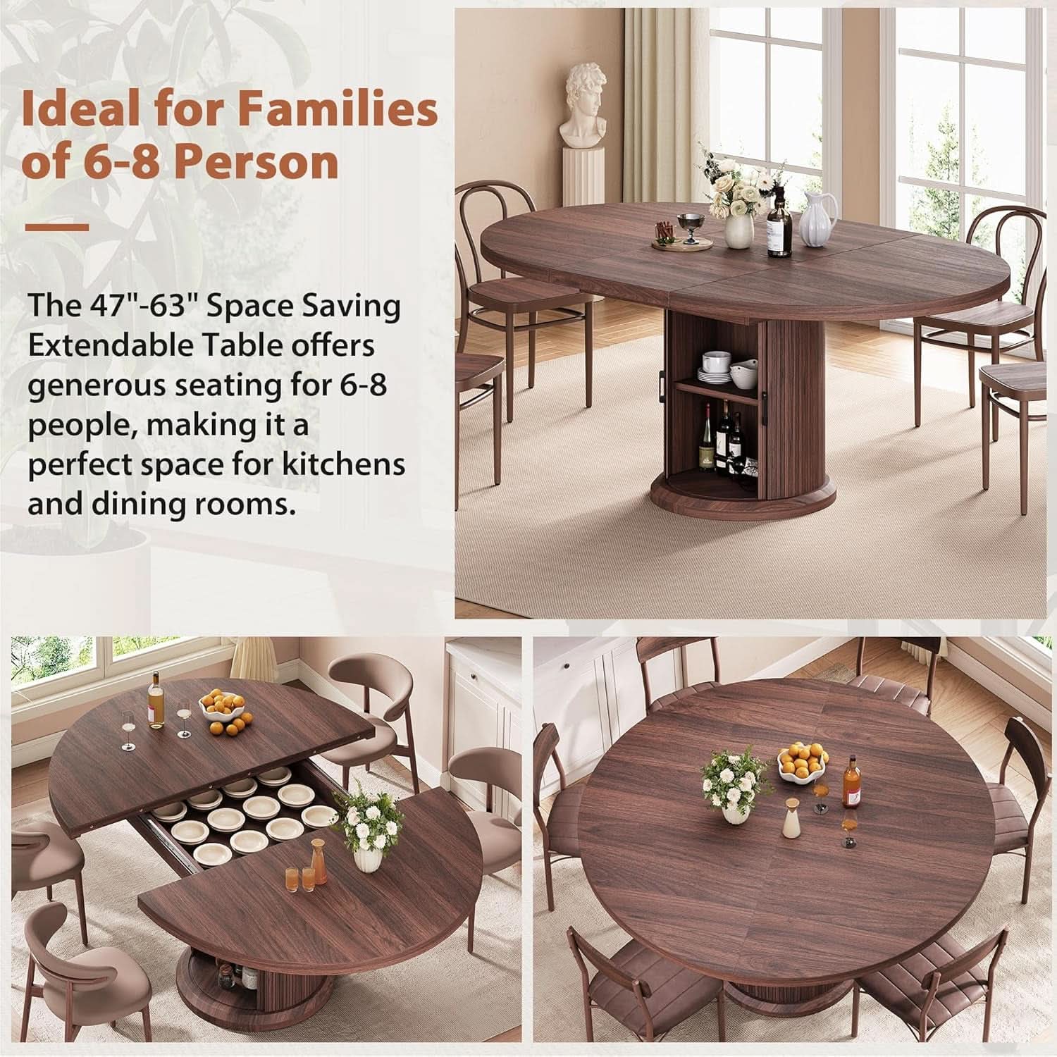 Extendable Round Oval Dining Table Brown 47-63 Inch