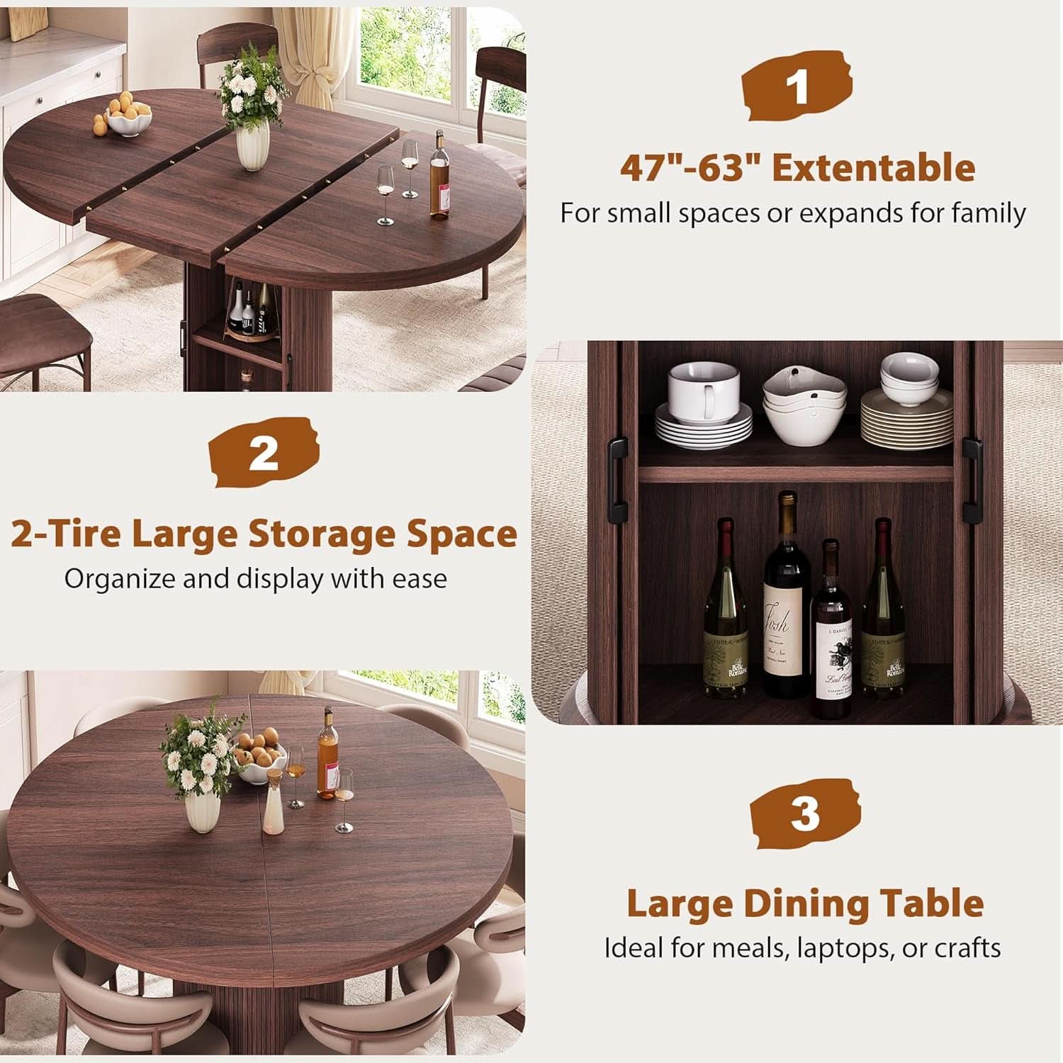 Extendable Round Oval Dining Table Brown 47-63 Inch