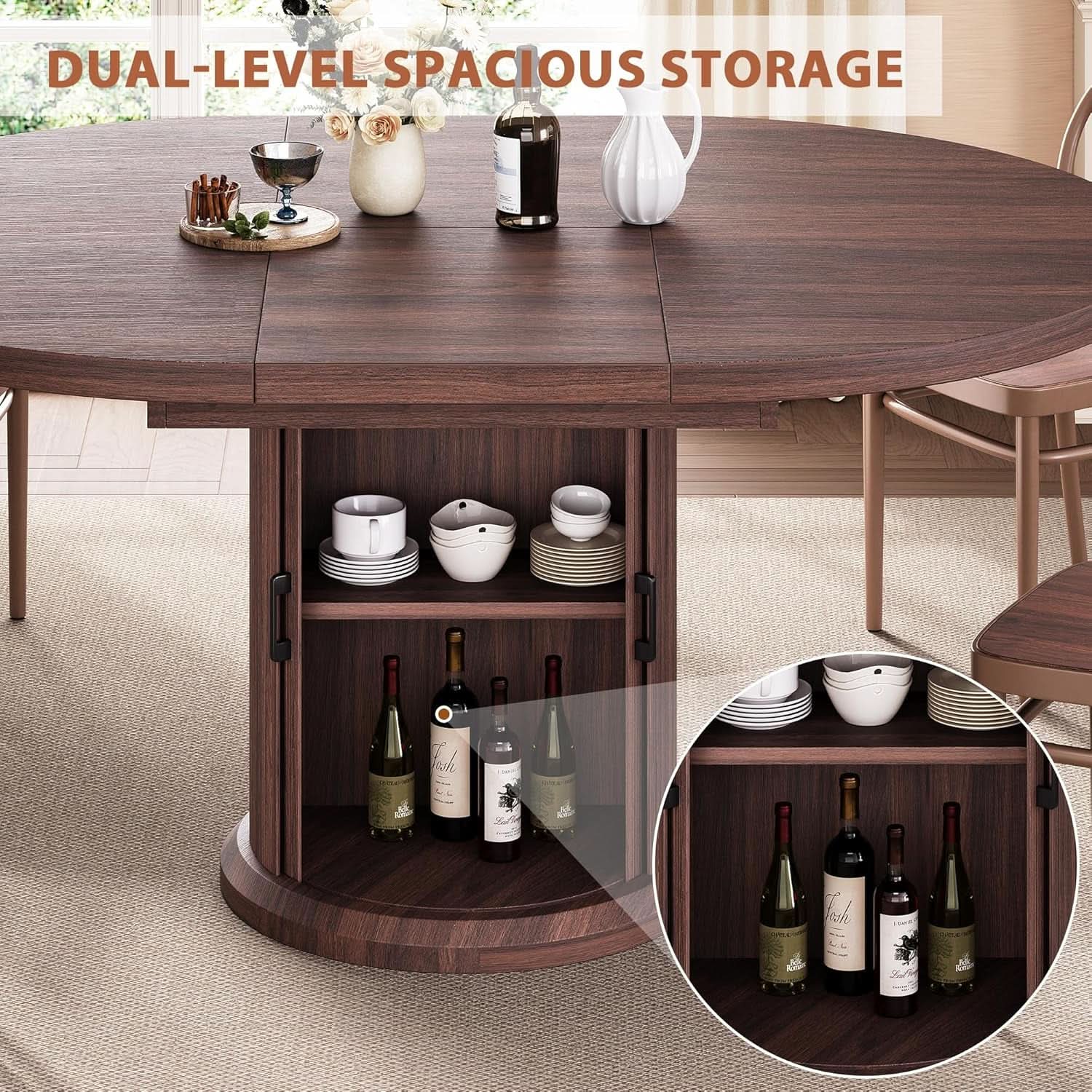 Extendable Round Oval Dining Table Brown 47-63 Inch