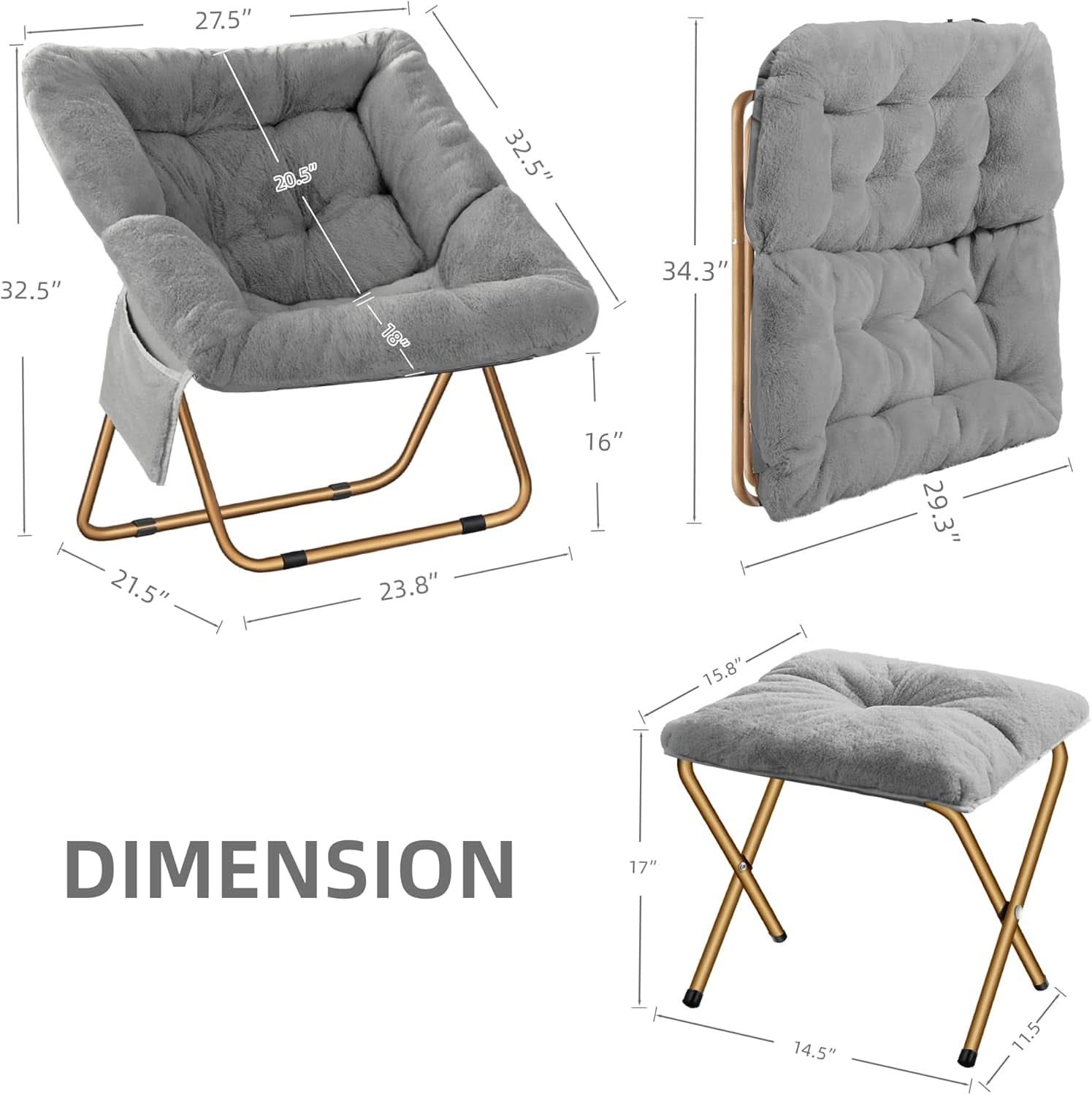 Extra Large Grey Ultrasoft Faux Fur Saucer Chair Foldable