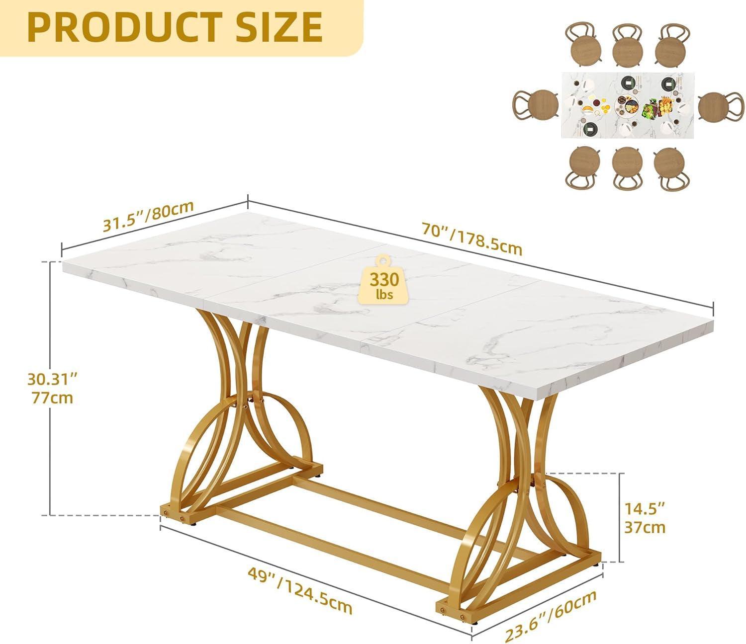 Extra Large White Gold Faux Marble Rectangular Dining Table
