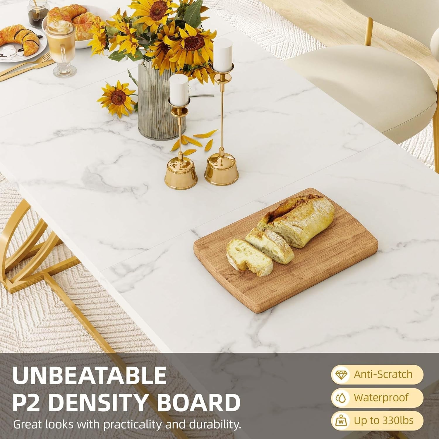 Extra Large White Gold Faux Marble Rectangular Dining Table