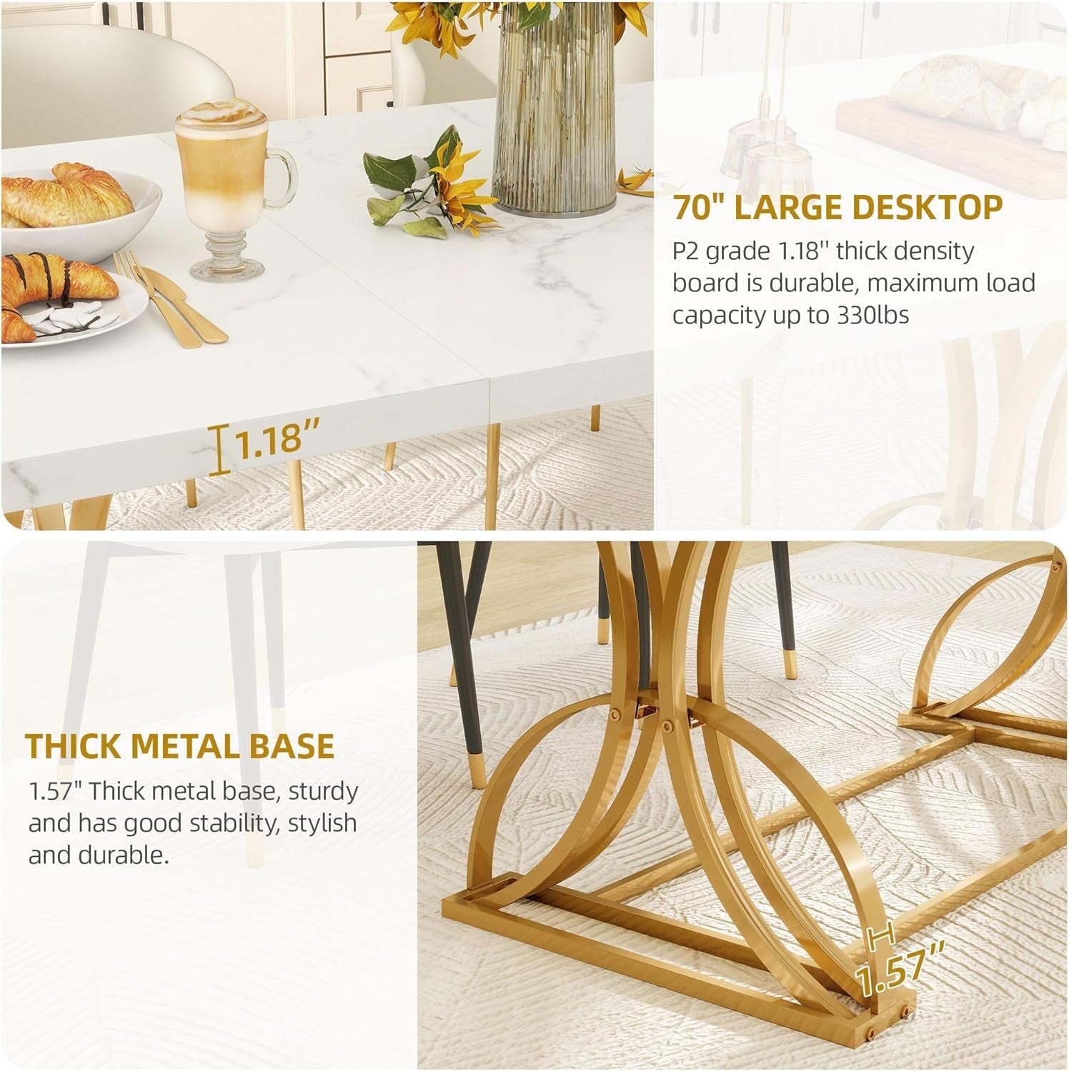 Extra Large White Gold Faux Marble Rectangular Dining Table