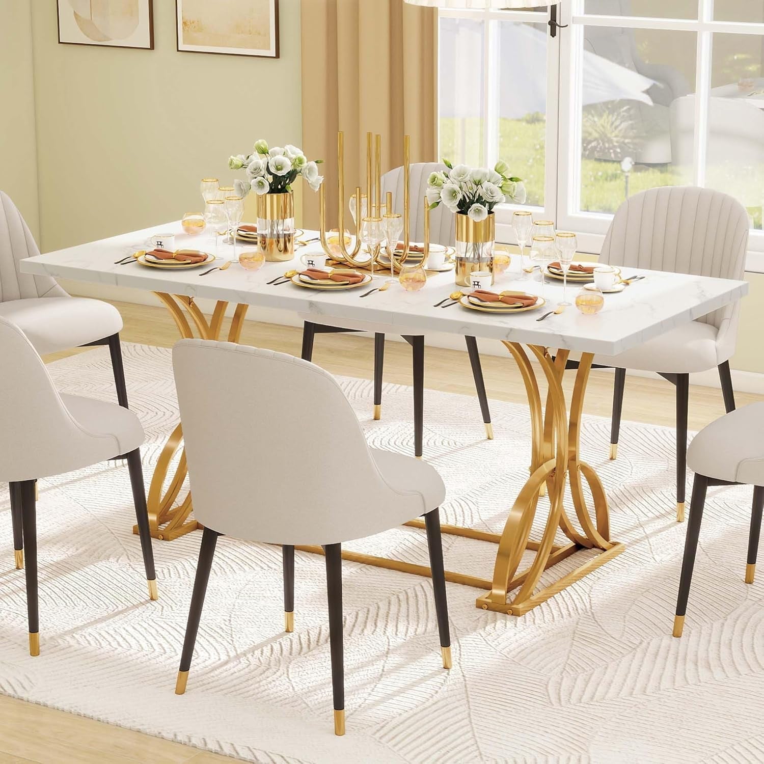 Extra Large White Gold Faux Marble Rectangular Dining Table