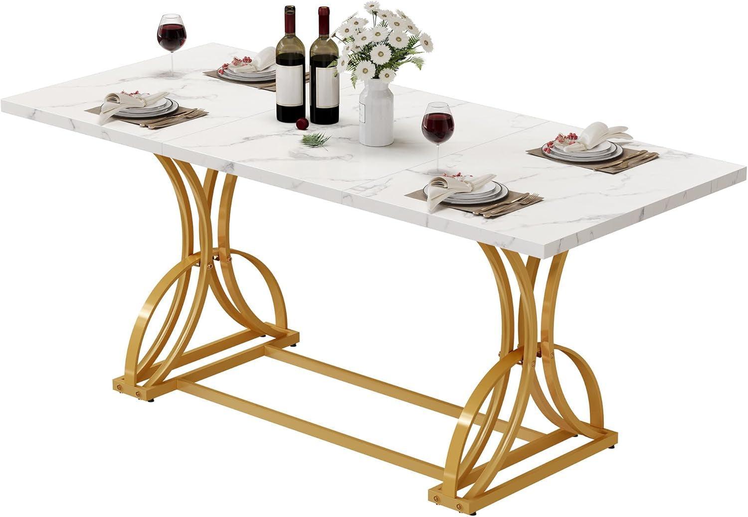Extra Large White Gold Faux Marble Rectangular Dining Table