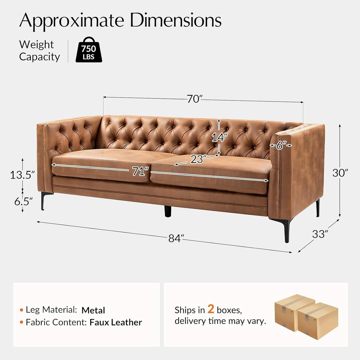 Extra Long Faux Leather Sofa with Stylish Metal Legs