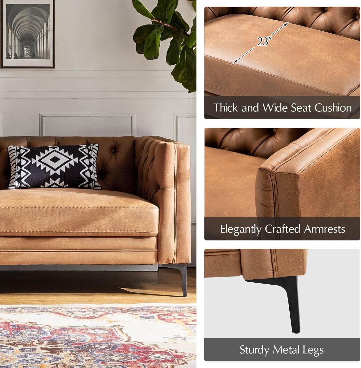 Extra Long Faux Leather Sofa with Stylish Metal Legs