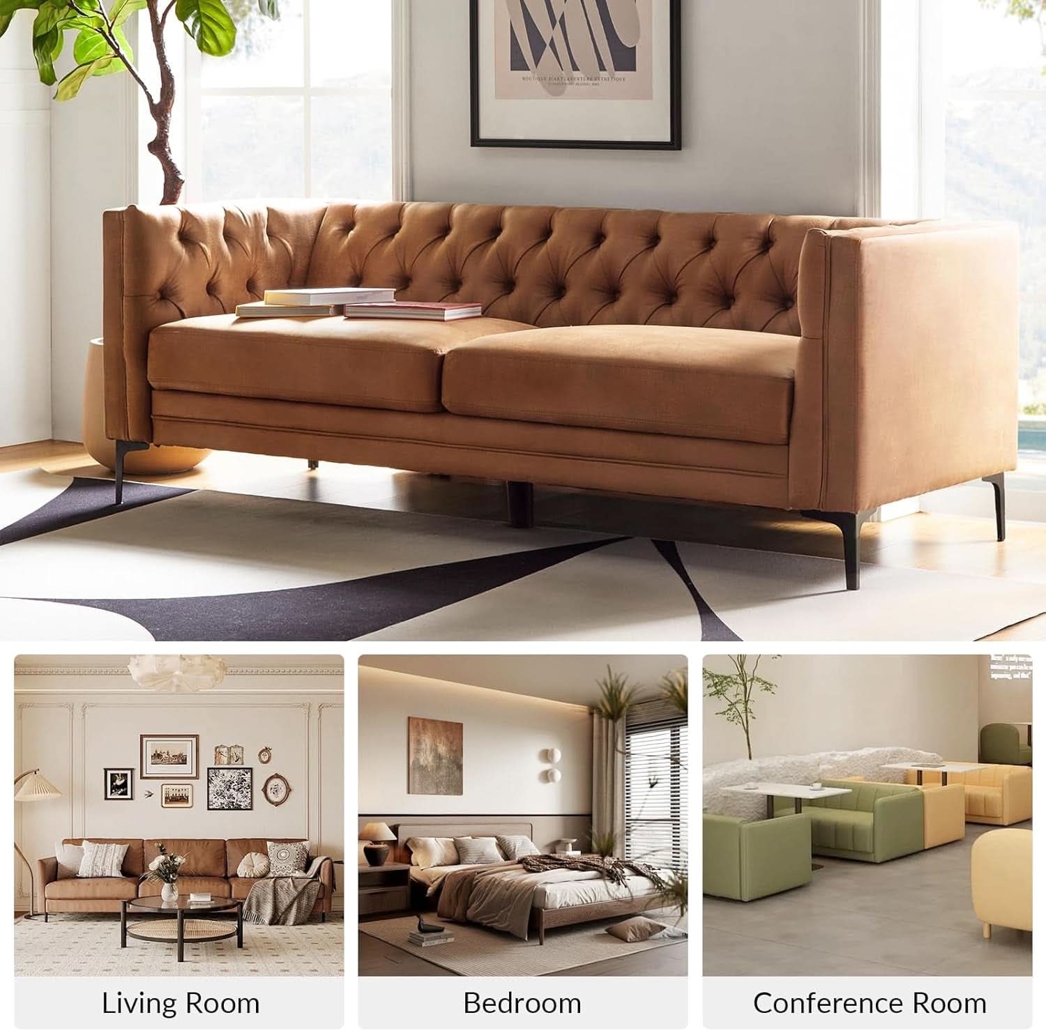 Extra Long Faux Leather Sofa with Stylish Metal Legs