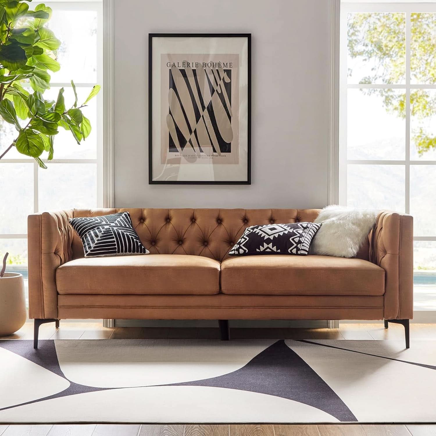 Extra Long Faux Leather Sofa with Stylish Metal Legs