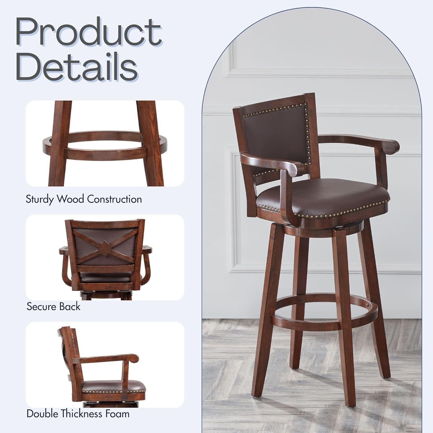 Extra Tall Swivel Barstool with Durable Rubberwood Frame
