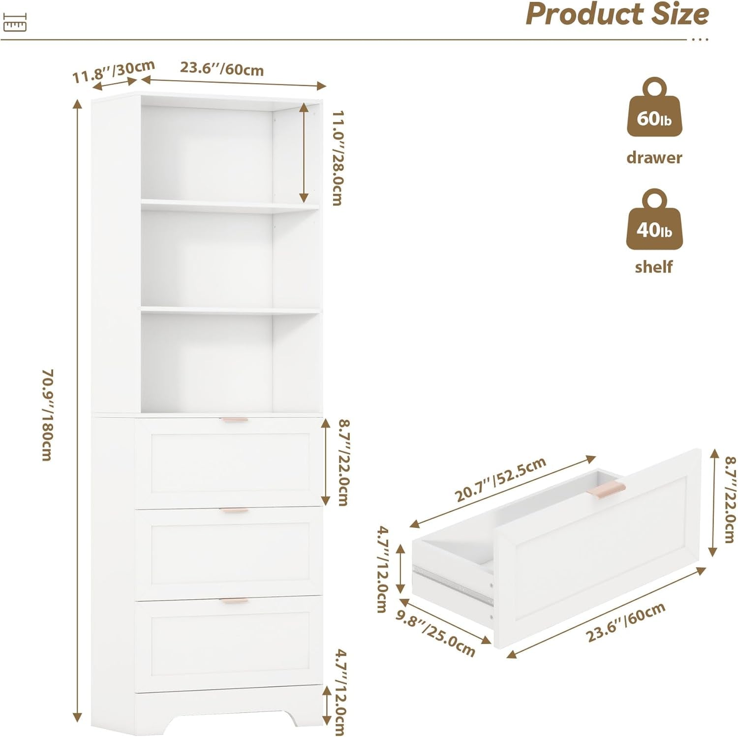 Extra Tall White Bookshelf With 3 Drawers Freestanding