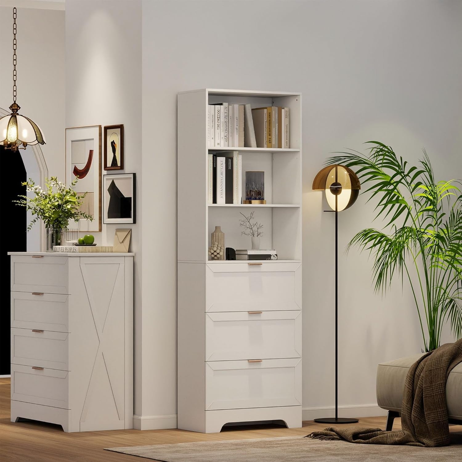 Extra Tall White Bookshelf With 3 Drawers Freestanding