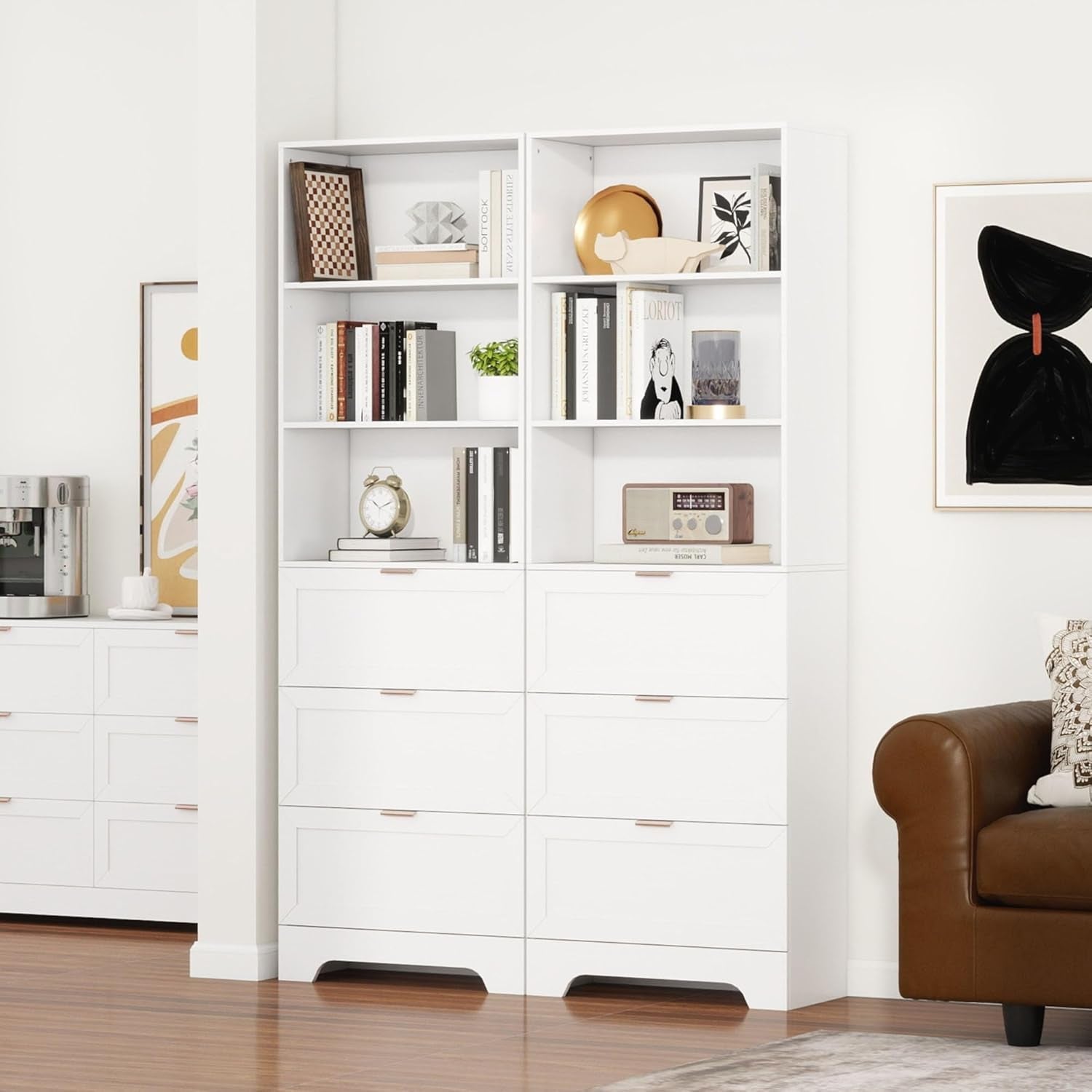 Extra Tall White Bookshelf With 3 Drawers Freestanding