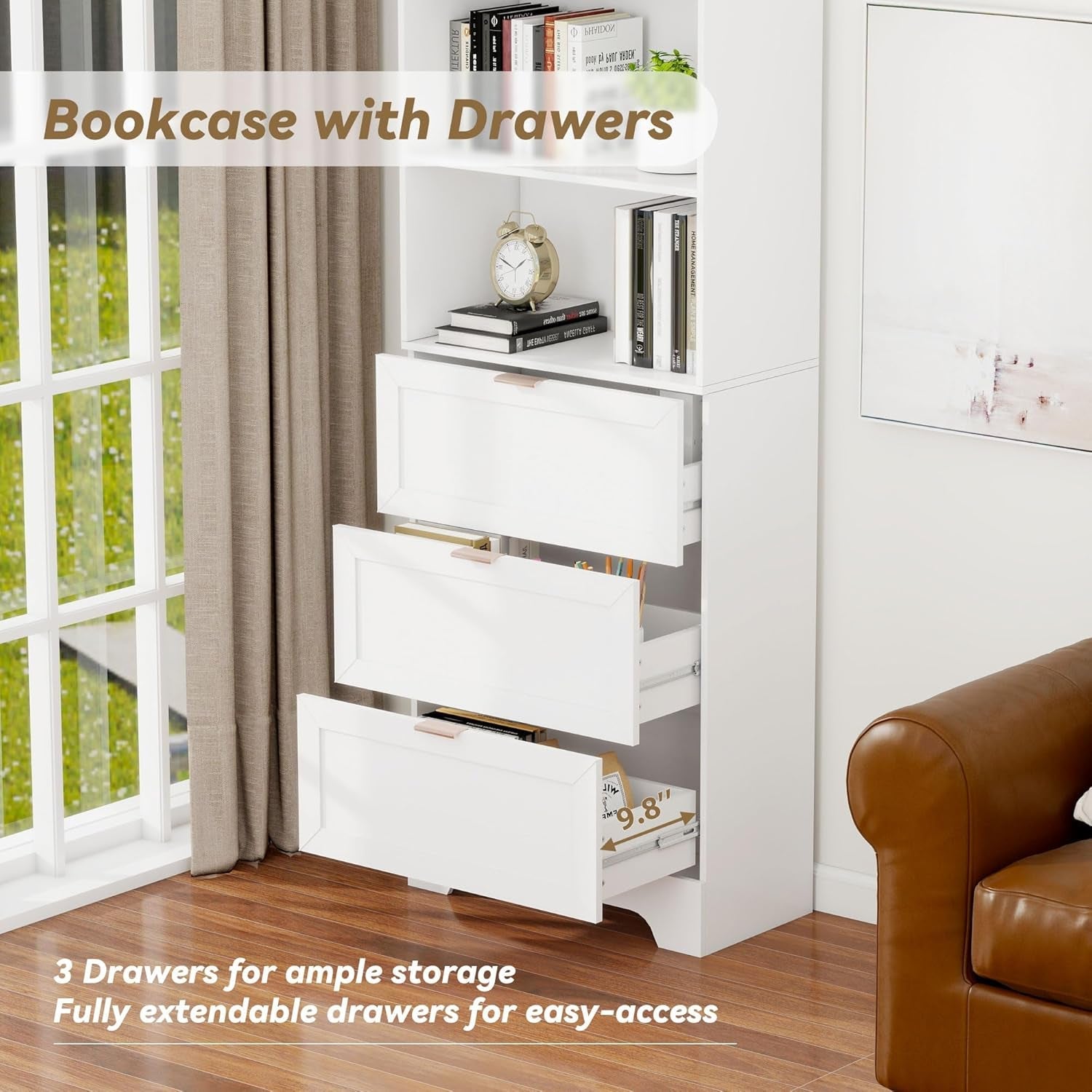 Extra Tall White Bookshelf With 3 Drawers Freestanding