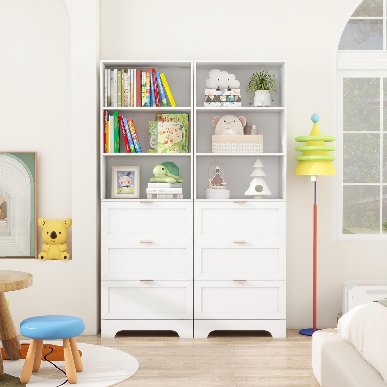 Extra Tall White Bookshelf With 3 Drawers Freestanding
