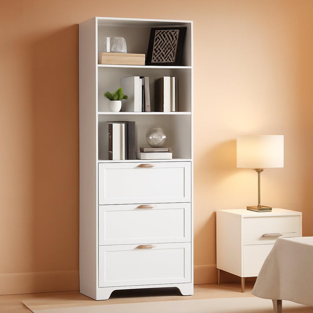 Extra Tall White Bookshelf With 3 Drawers Freestanding