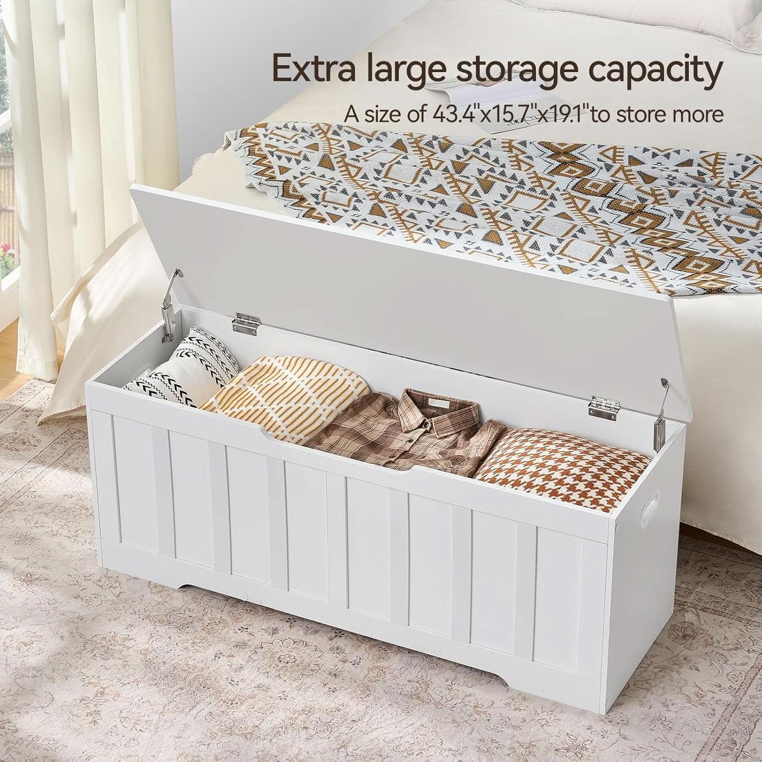 ExtraLarge Storage Chest White Wood Bench Hinges Durable