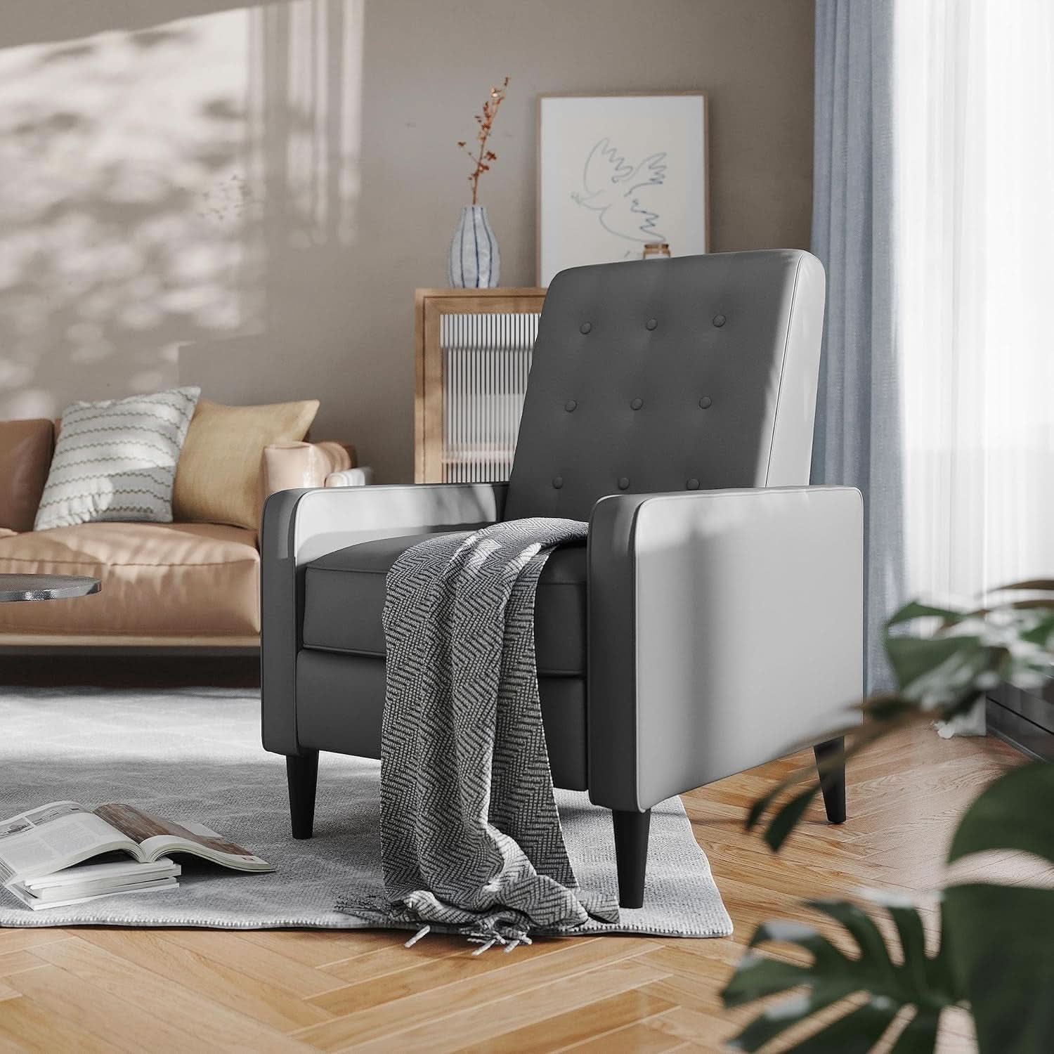 Ezra Pushback Recliner Light Gray LeatherSoft Mid Century Modern