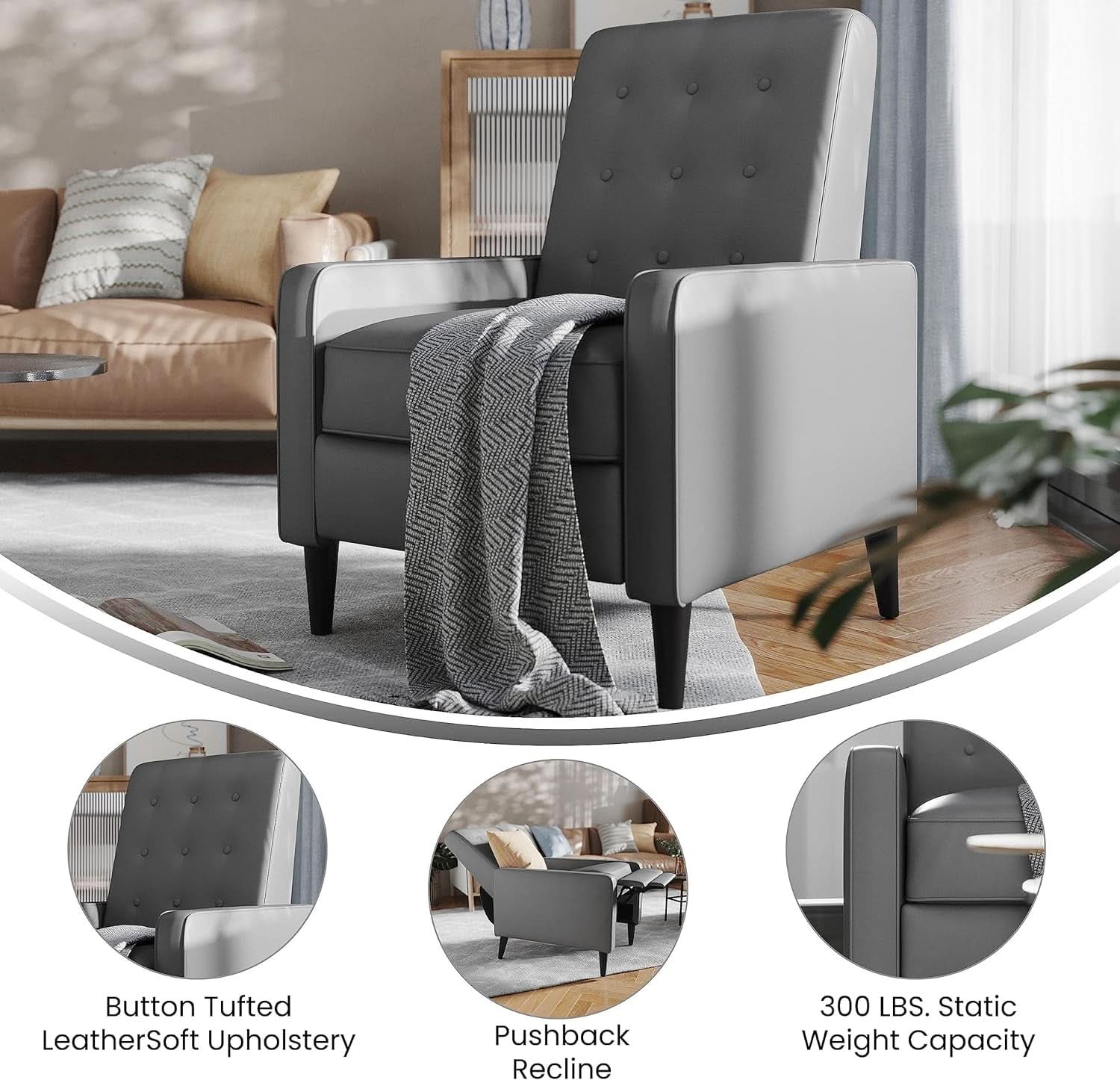 Ezra Pushback Recliner Light Gray LeatherSoft Mid Century Modern